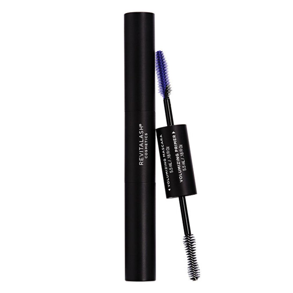 Set volume double embout. Tube noir, brosse primer bleue, brosse mascara noire. RevitaLash Cosmetics.