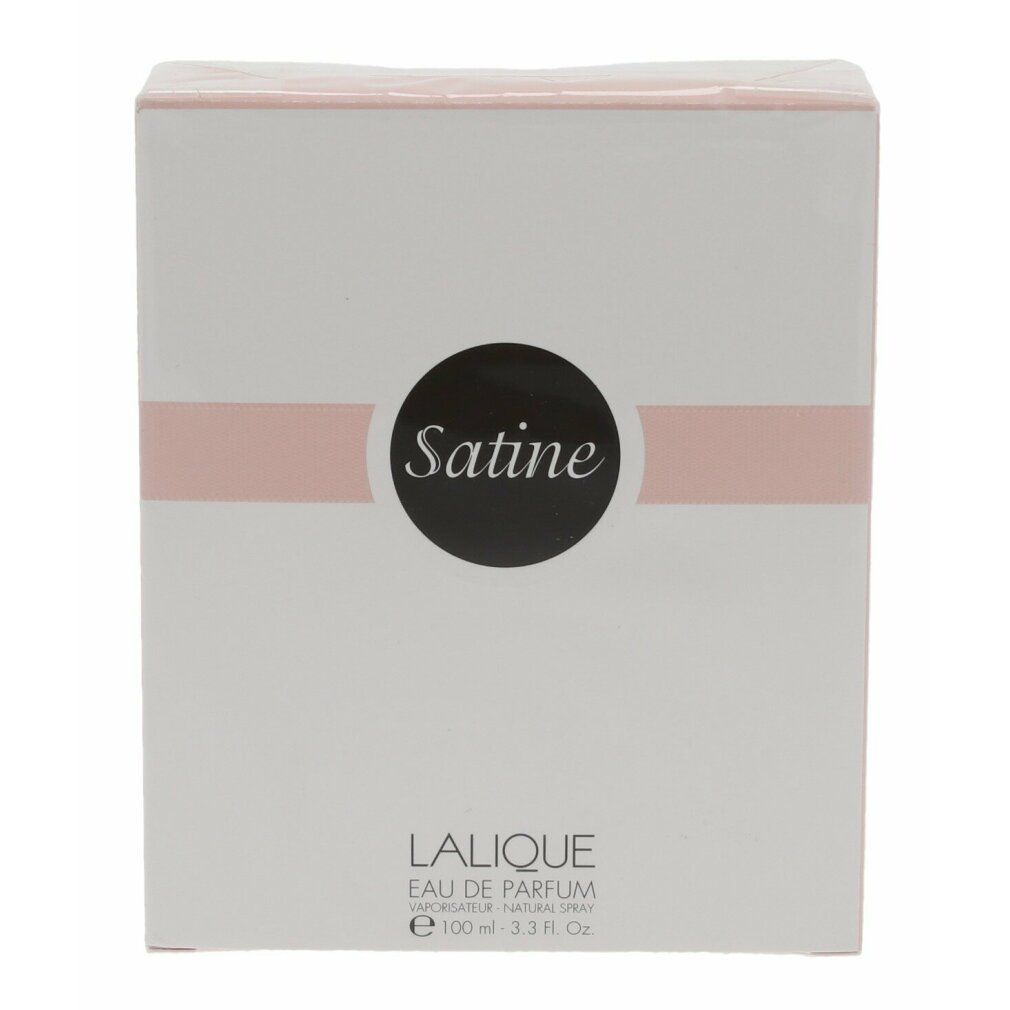 Emballage blanc avec bande rose et étiquette noire "Satine". Texte "LALIQUE EAU DE PARFUM".