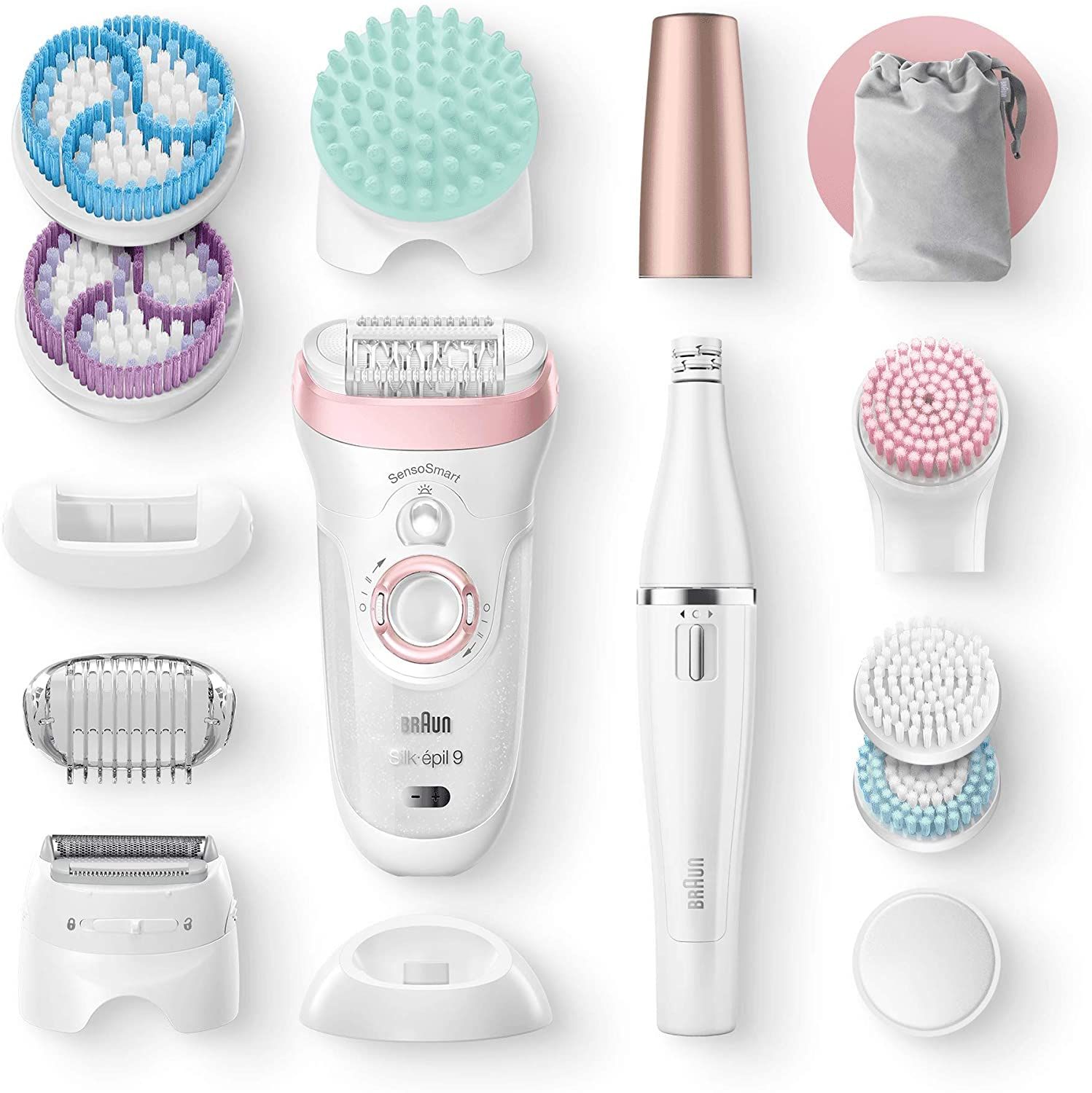 Ensemble de produits avec épilateur, brosses nettoyantes, accessoires et accessoires. Différentes pièces sont posées sur une surface.