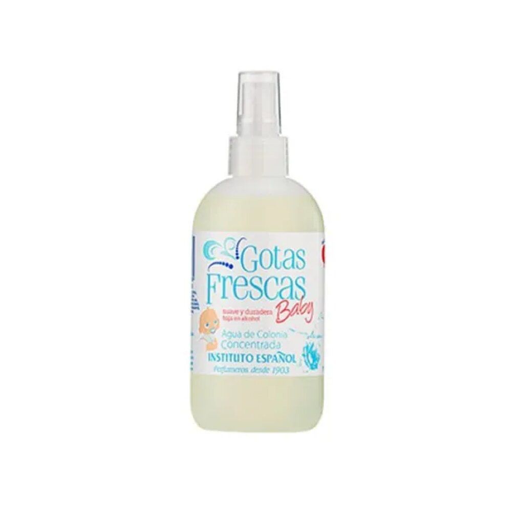 Flacon blanc avec vaporisateur. Inscription: Gotas Frescas Baby, Agua de Colonia Concentrada. INSTITUTO ESPAÑOL.