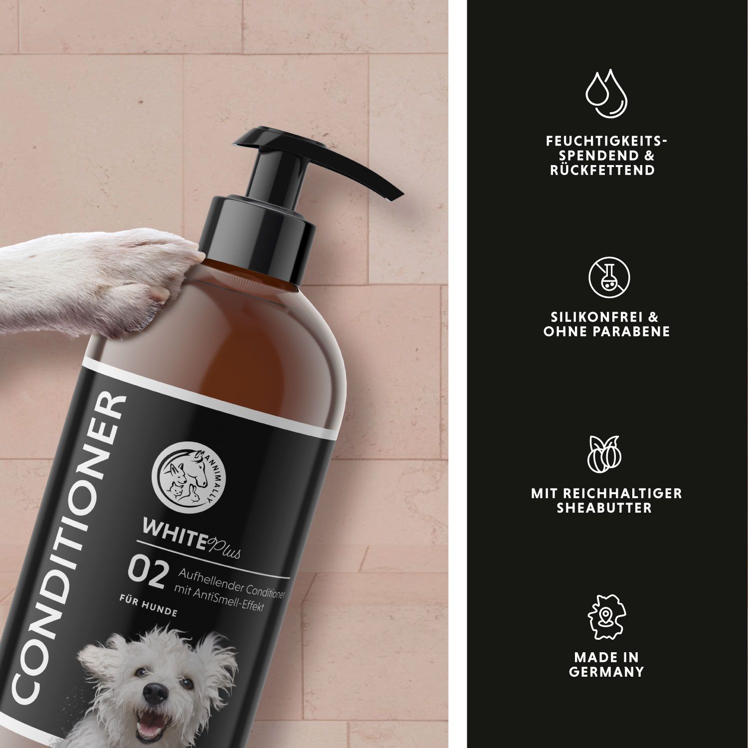 Flacon de produit avec texte et icônes. Icônes: Hydratant, sans silicone, beurre de karité, Fabriqué en Allemagne. Patte touche flacon.