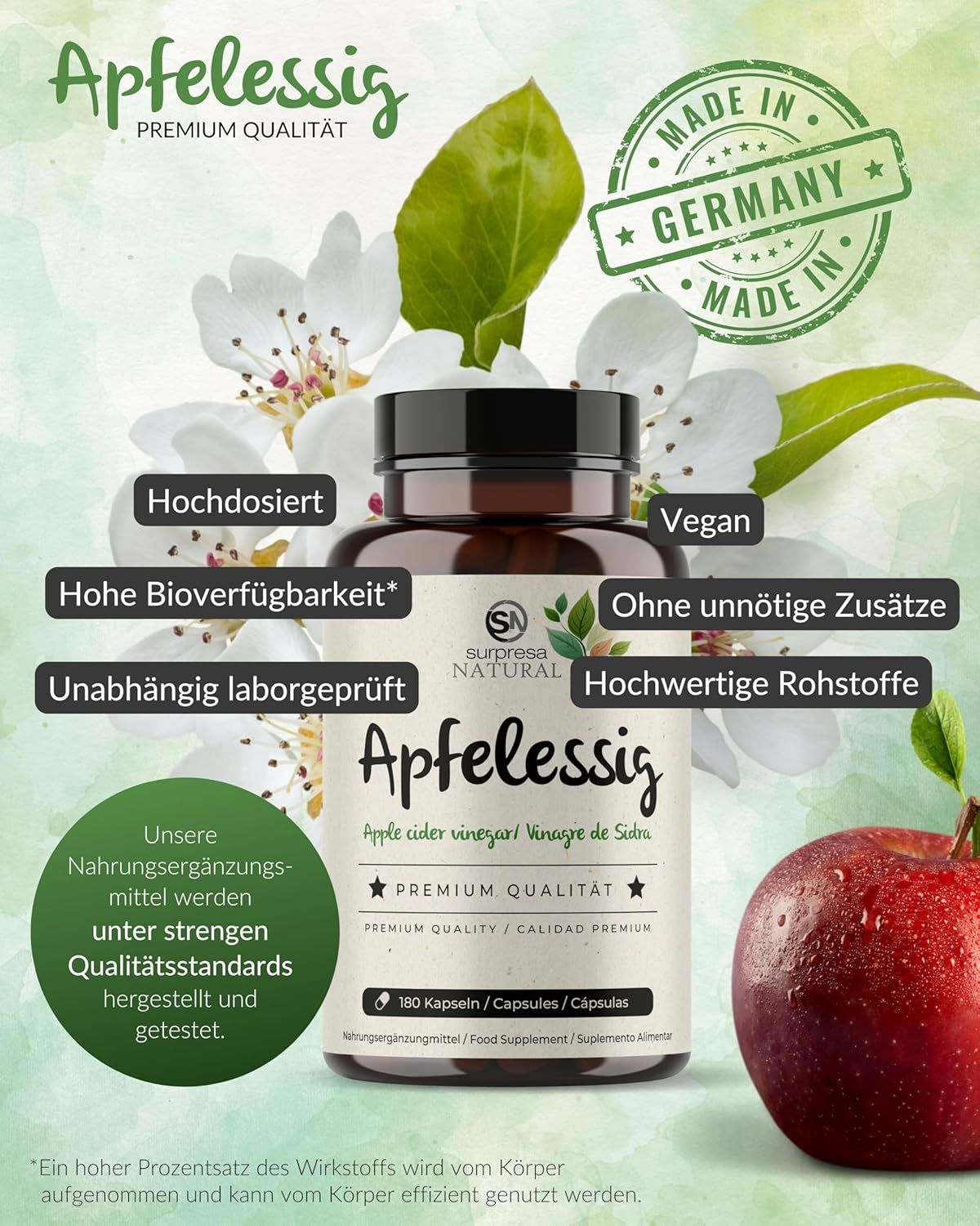 Bruine fles met appelazijn capsules. Tekst: Hoog gedoseerd, veganistisch, zonder toevoegingen. Made in Germany.