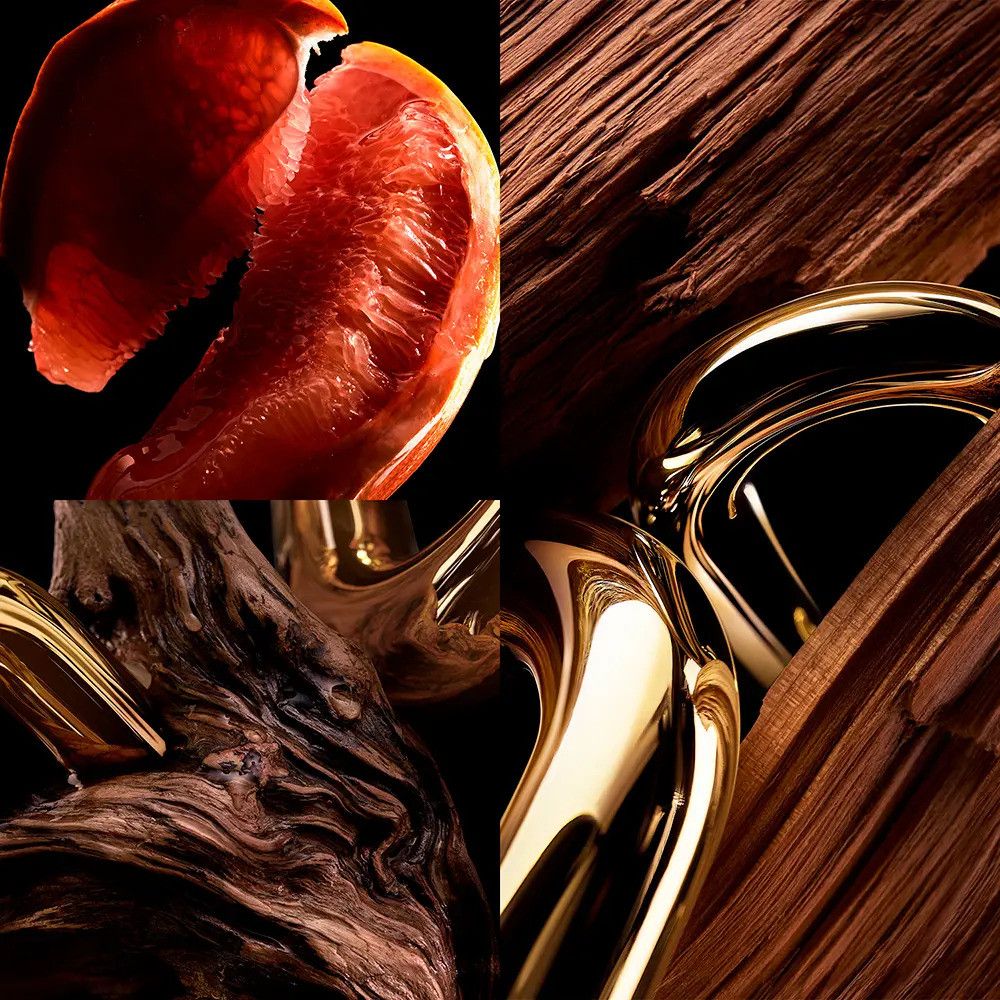 Vierdelige close-up. Grapefruit, houtnerf en gouden elementen. Donkere achtergrond.