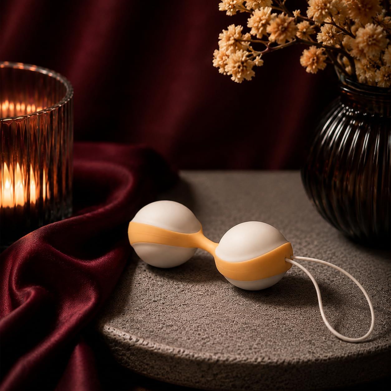 Un duo-ball pour le plancher pelvien, blanc et orange, avec cordon de rappel.