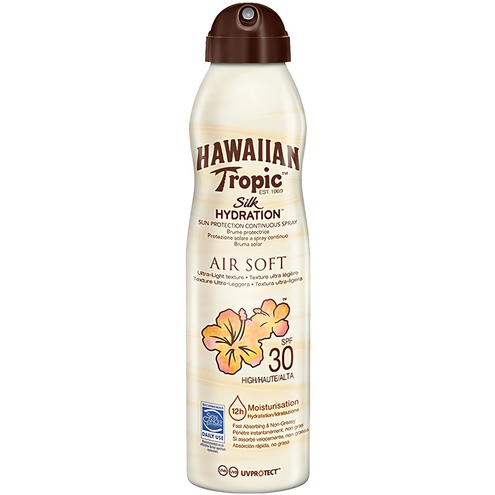 Zonnebrandsprayfles. Wit ontwerp met bruine sproeikop. Zichtbaar: Hawaiian Tropic logo, Silk Hydration, Air Soft, SPF 30. Bloemenillustratie.