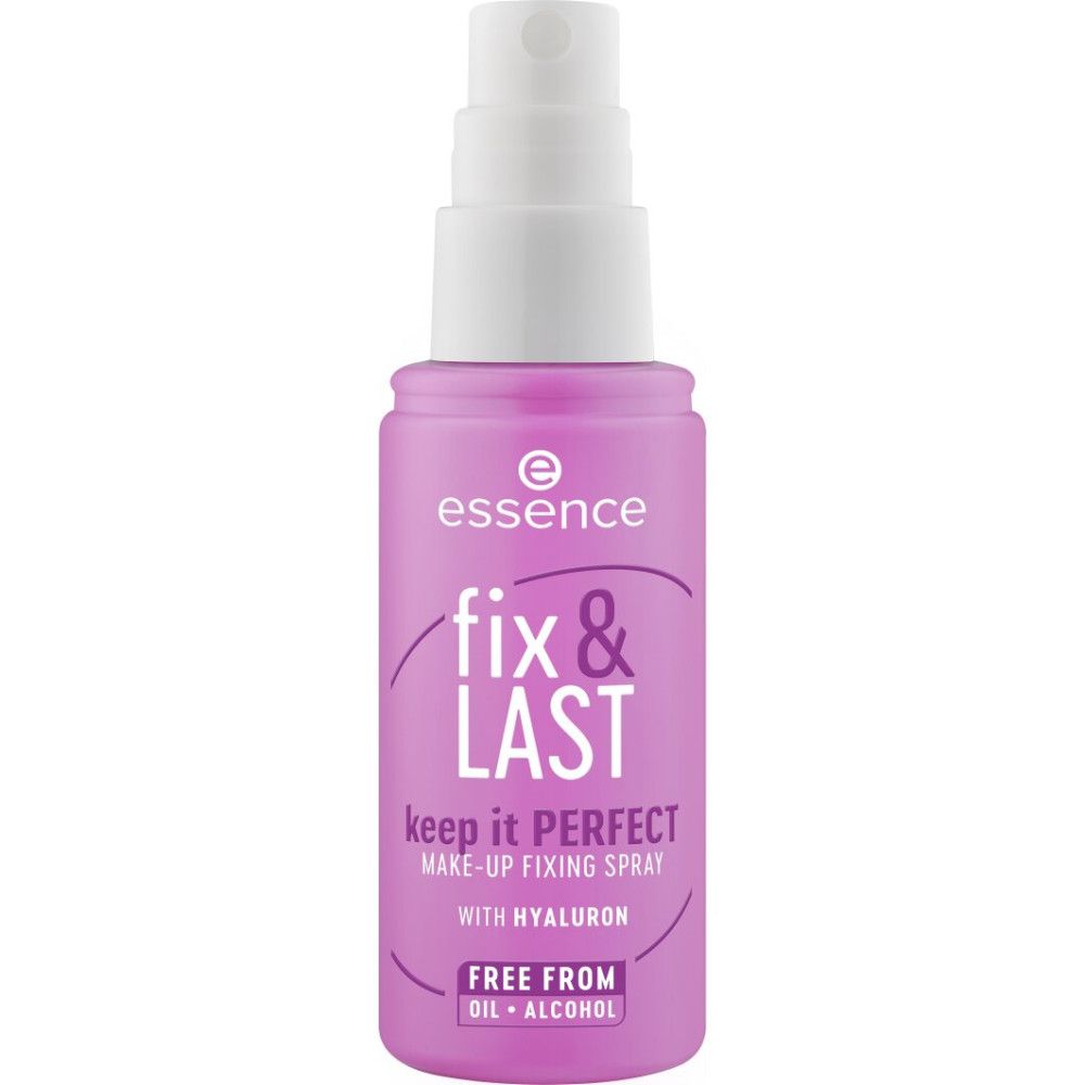 Essence Fix & Last Make-up Fixing Spray. Paarse fles met spuitkop. Tekst: Keep it Perfect, met hyaluron, vrij van olie en alcohol.