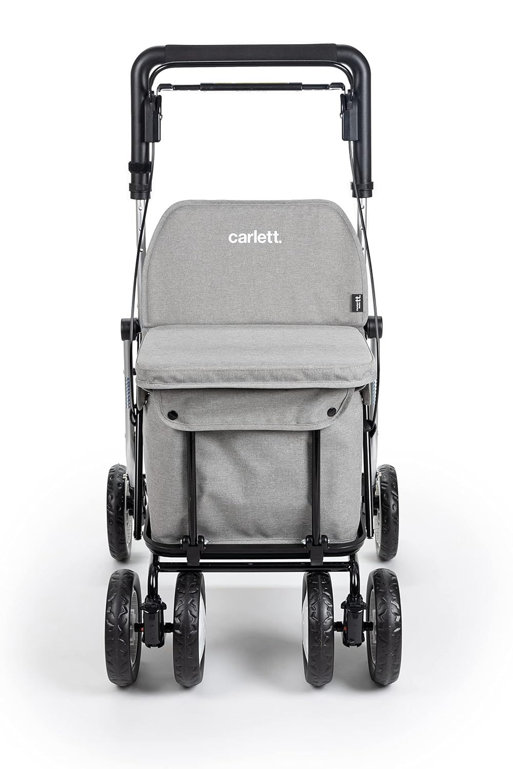 Grijze rollator met zitje en boodschappentas, vier wielen, zilverkleurig frame.