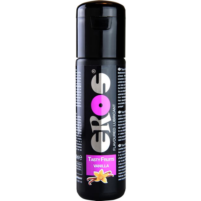 Flacon noir avec bouchon rabattable. Inscription EROS, Tasty Fruits Vanilla. Illustration d'une gousse de vanille.
