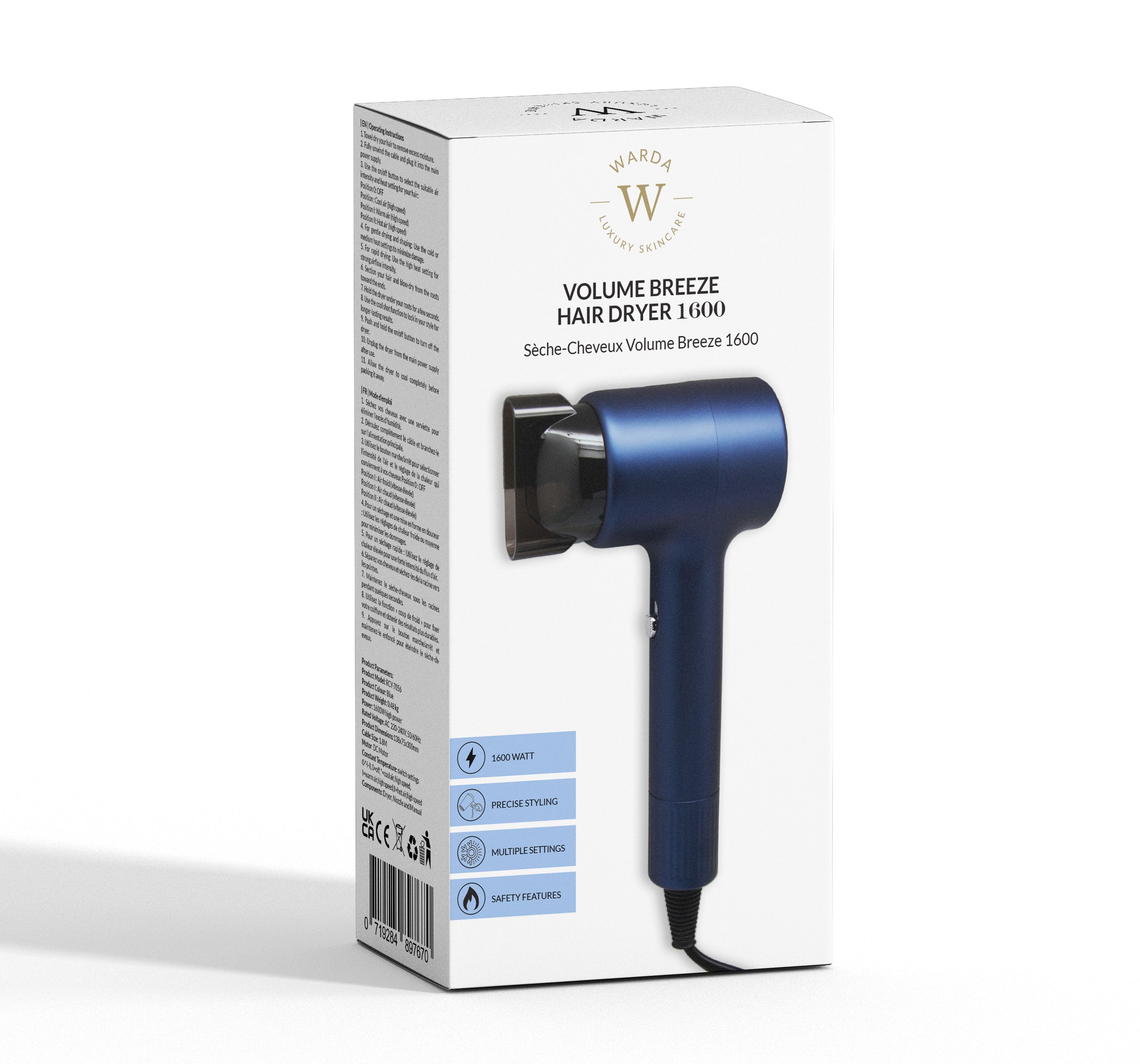 Blauwe haardroger en verpakking. Opschrift: Warda Luxury Skincare, Volume Breeze Hair Dryer 1600.