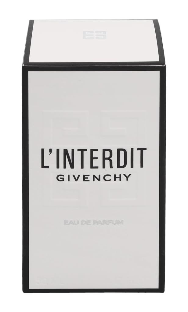 Boîte blanche avec texte noir : L'Interdit Givenchy. Logo en haut. Eau de Parfum. Bordure noire.