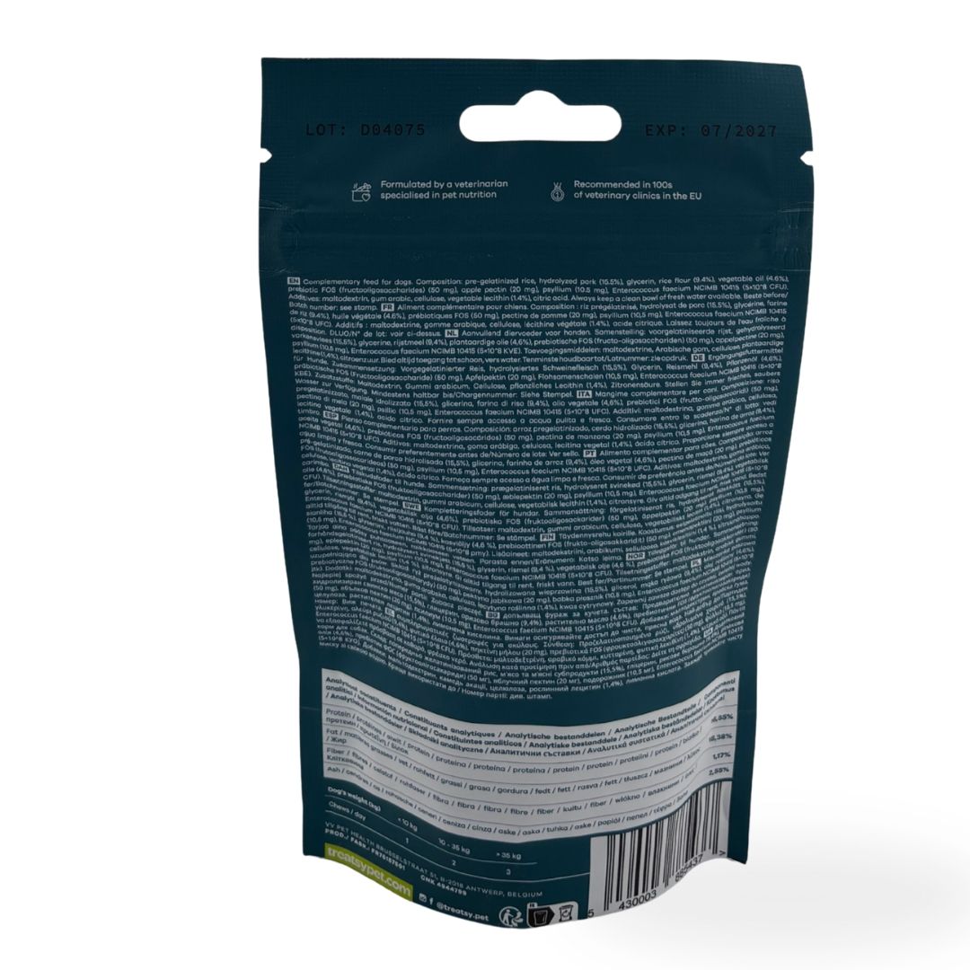 Dos du paquet de probiotiques. Contient des informations sur les ingrédients et les valeurs nutritionnelles. Texte multilingue.