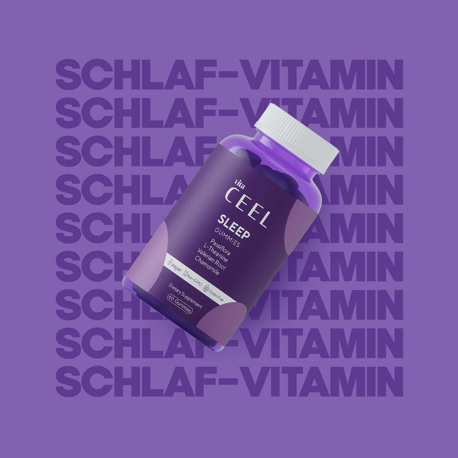 Bouteille de Vita Ceel Sleep Gummies devant un fond violet avec du texte répété.