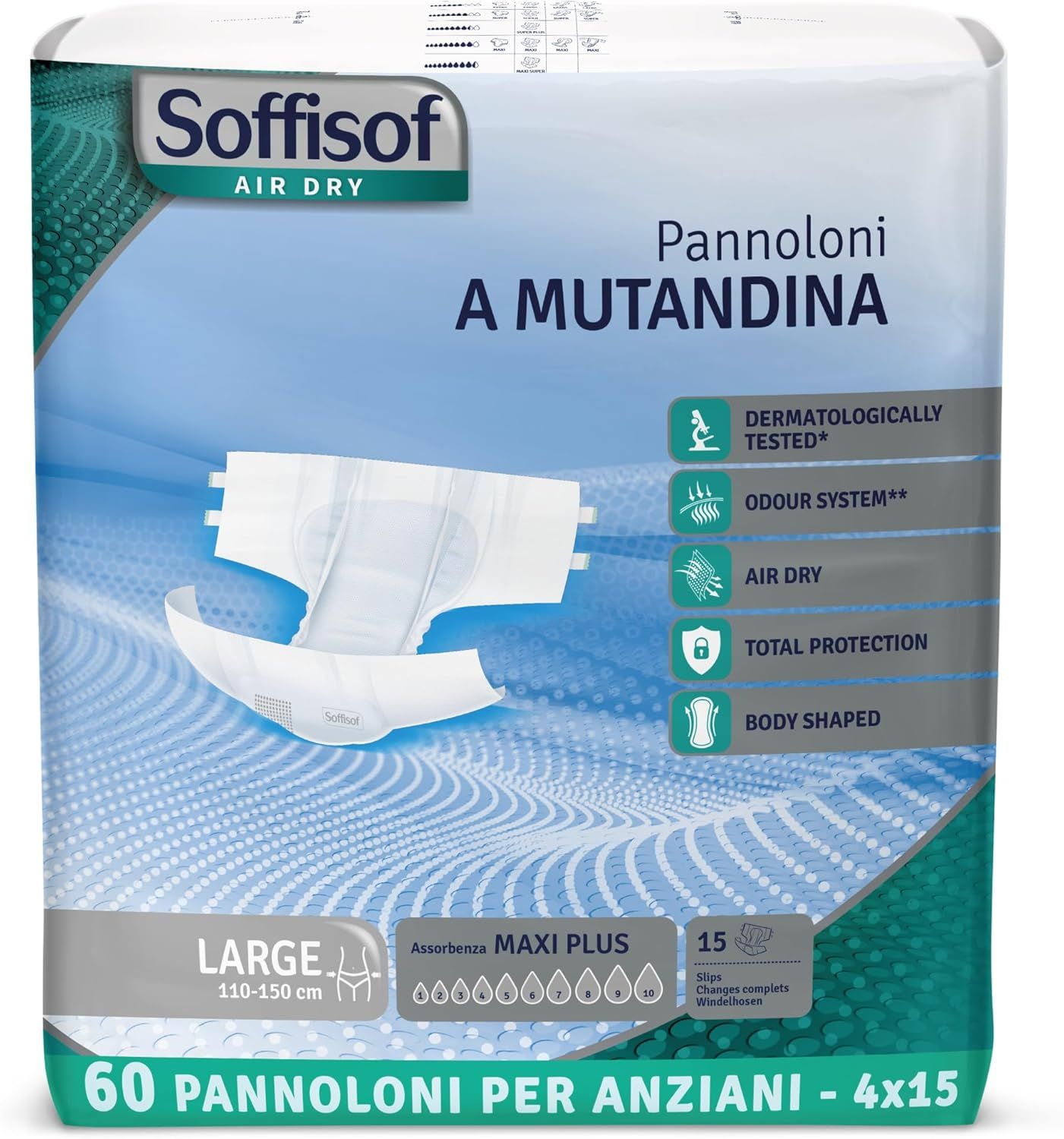 Verpakking met 60 volwassen luiers. Opschrift: Soffisof Air Dry, Maxi Plus, Large, 110-150 cm. Met certificeringen.