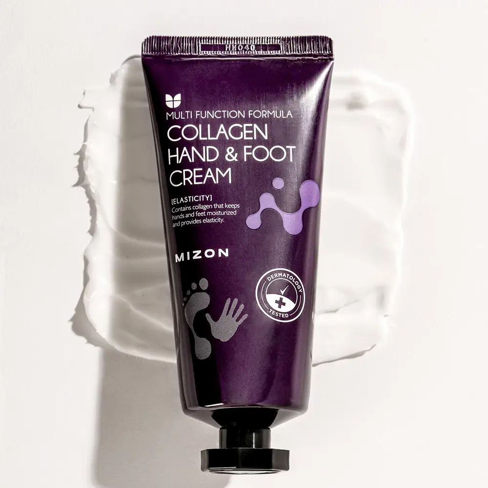 MIZON Collagen Hand & Foot Cream tube op witte ondergrond met crème. Dermatologisch getest.
