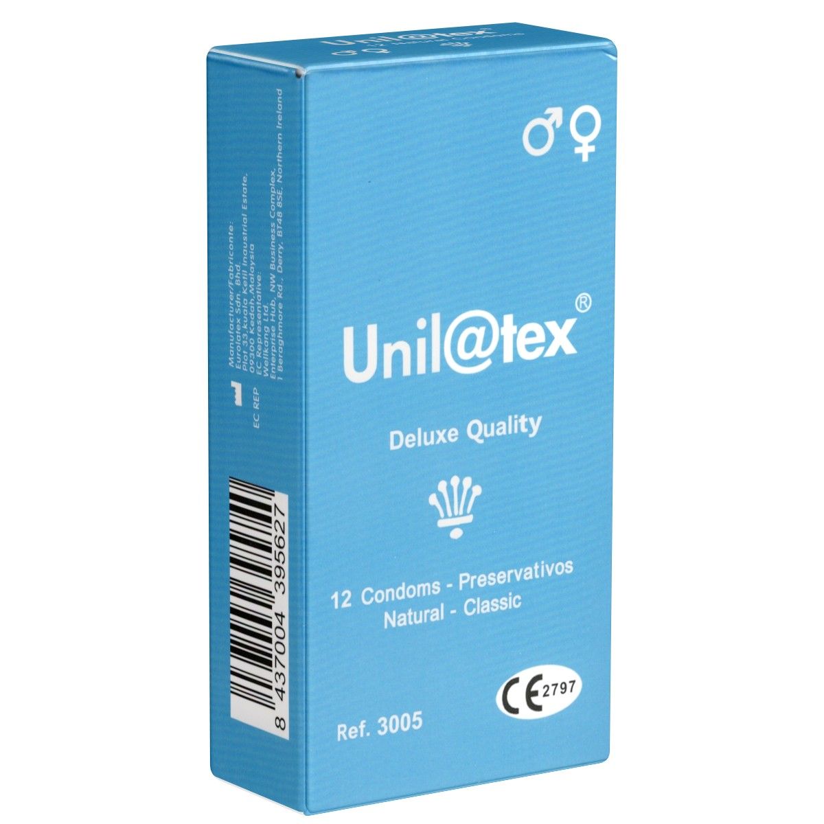 Boîte bleue claire de préservatifs. Inscriptions : Unil@tex, Deluxe Quality, 12 préservatifs, Natural - Classic. Marquage CE.