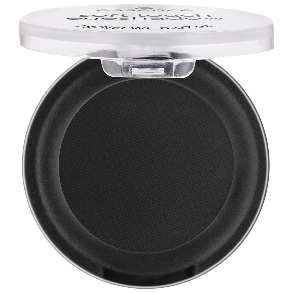 Ronde zwarte oogschaduw in een open, transparante verpakking. Het deksel is omhooggeklapt.