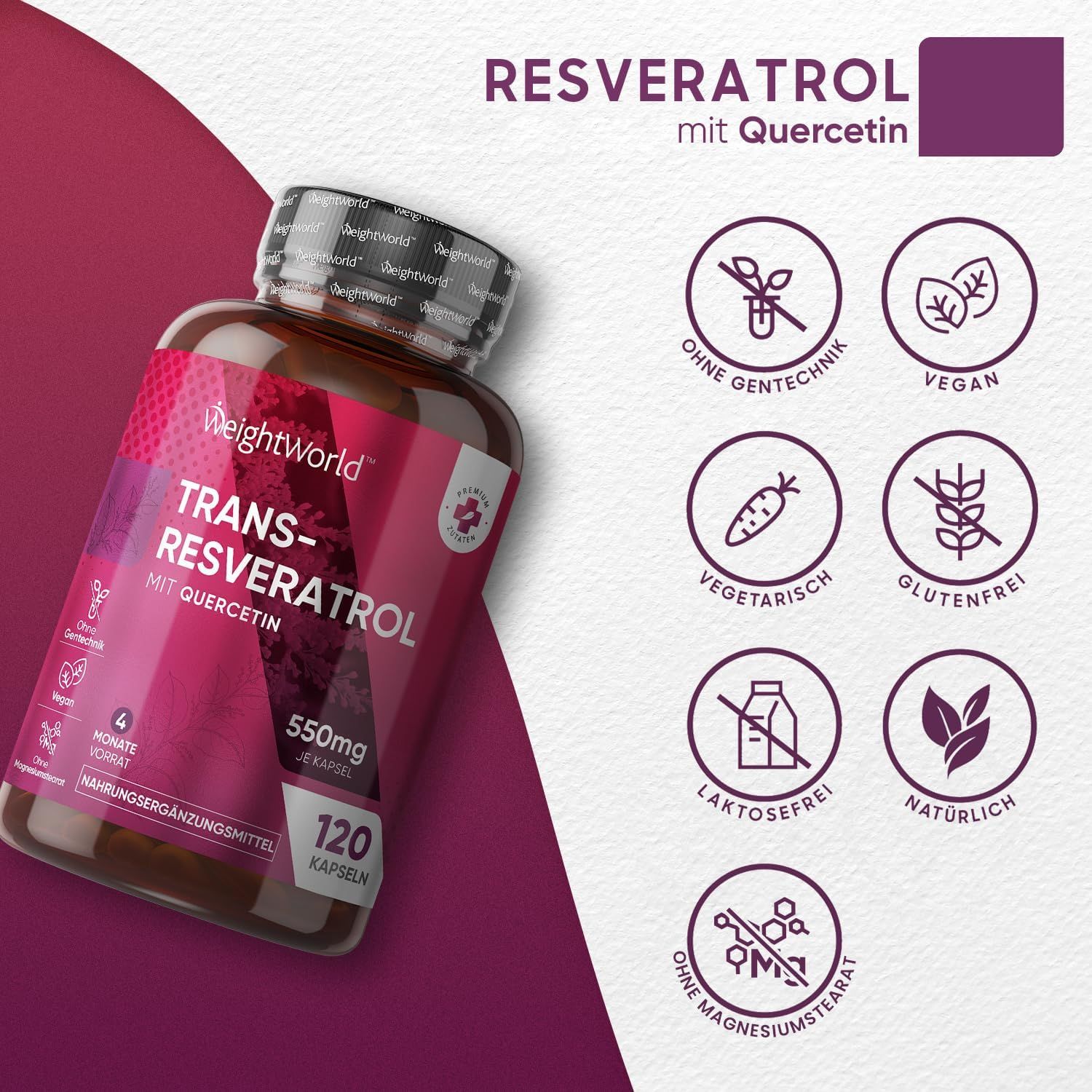 Flacon de produit avec symboles. Inscription: Trans-Resvératrol avec quercétine, 120 gélules. Symboles: végétalien, sans gluten, etc.
