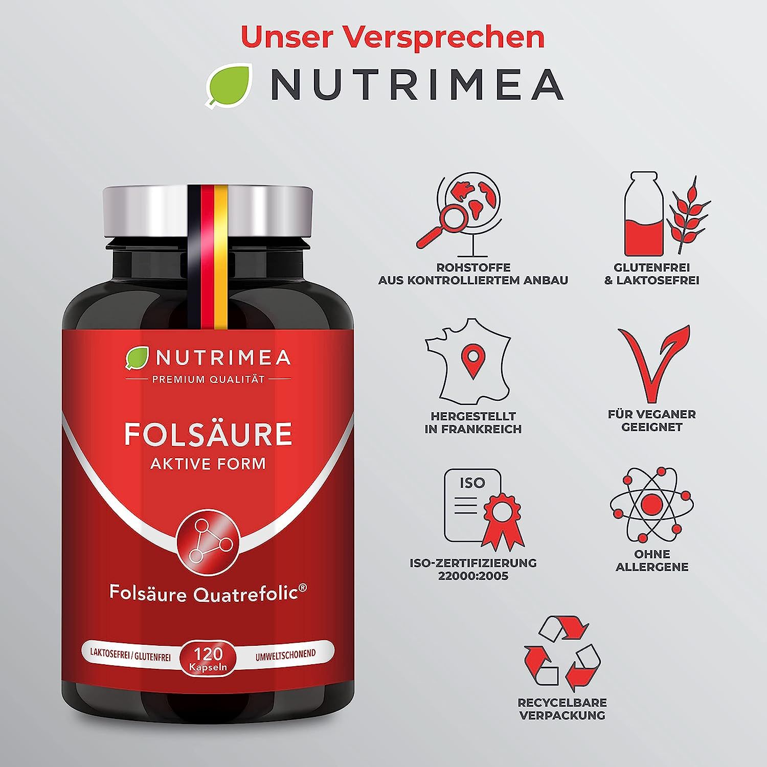 Donkere fles met capsules. Rood etiket met witte tekst. Tekst: Foliumzuur, actieve vorm. ISO-certificering.