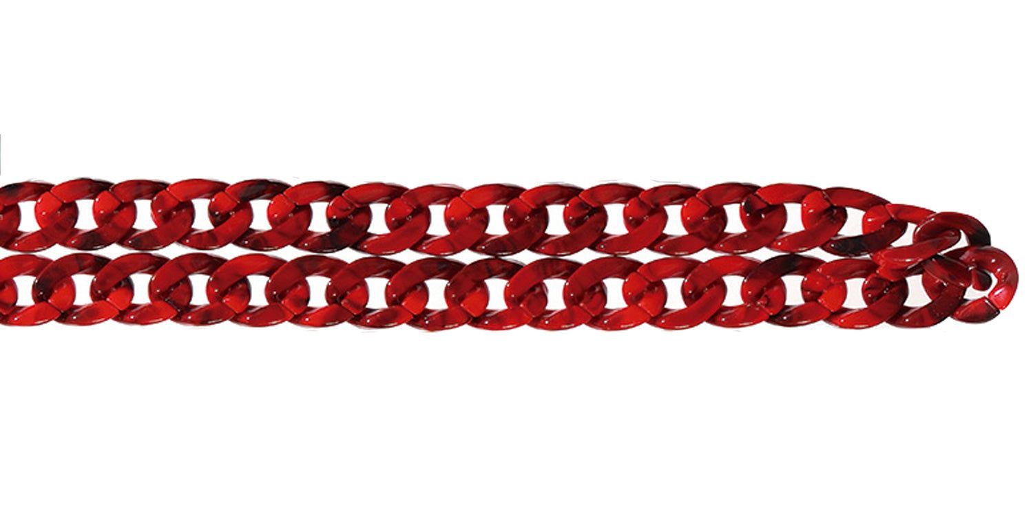 Chaîne de lunettes rouge-brun, maillons de chaîne, boucles métalliques. Pour lunettes. Sur fond blanc.