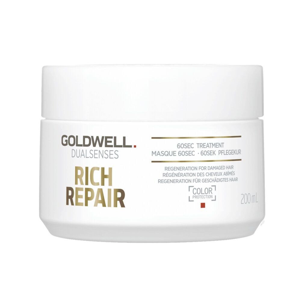 Pot blanc Goldwell Rich Repair. Inscription: 60sec Treatment, Régénération pour cheveux abîmés. 200ml.