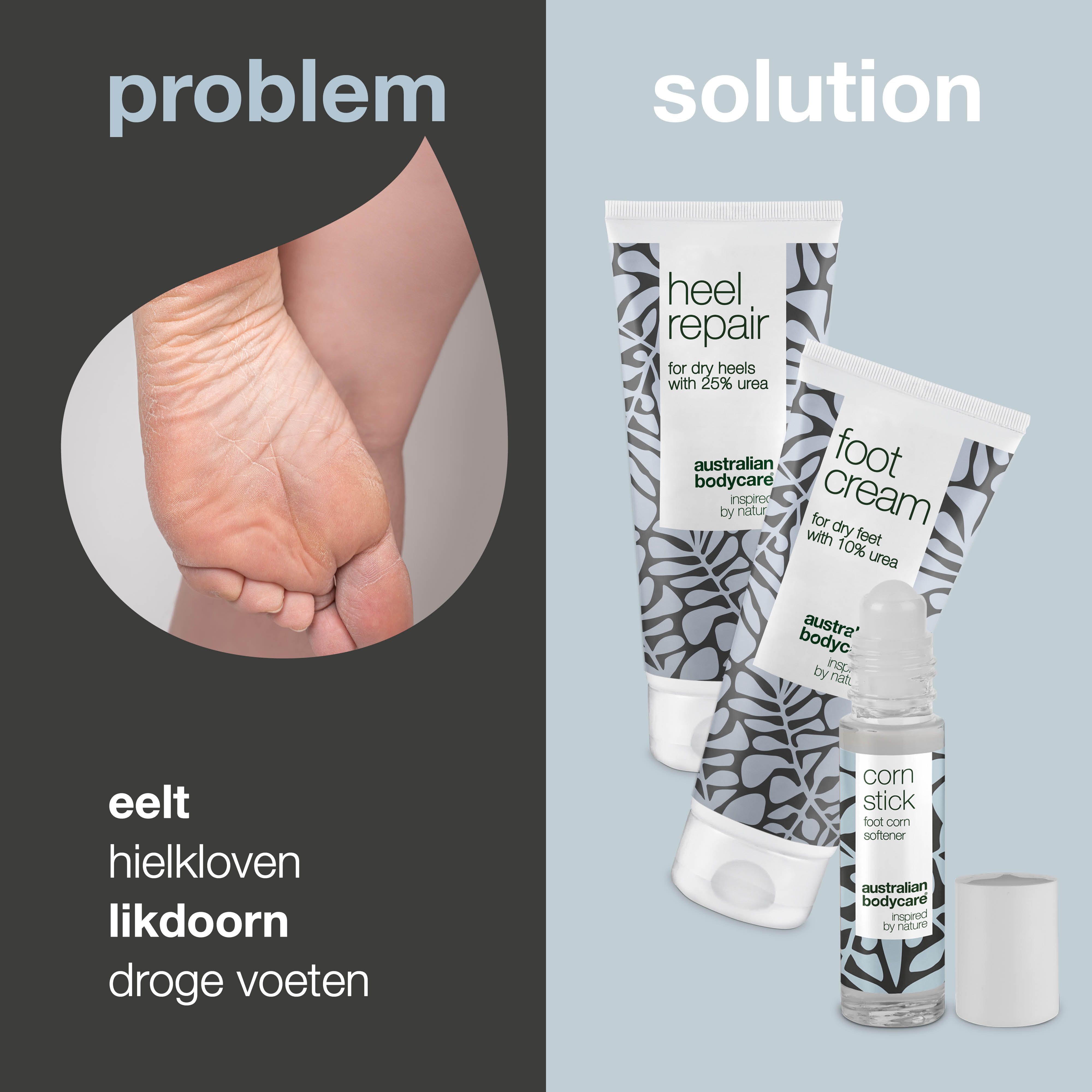 Probleem: voet met eelt. Oplossing: Voetcrème, Heel Repair, Corn Stick. Tekst in het Nederlands.
