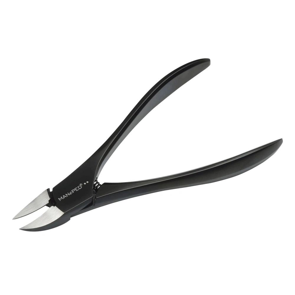 Pince à ongles noire, logo MANePED. Forme ouverte, lames métalliques.