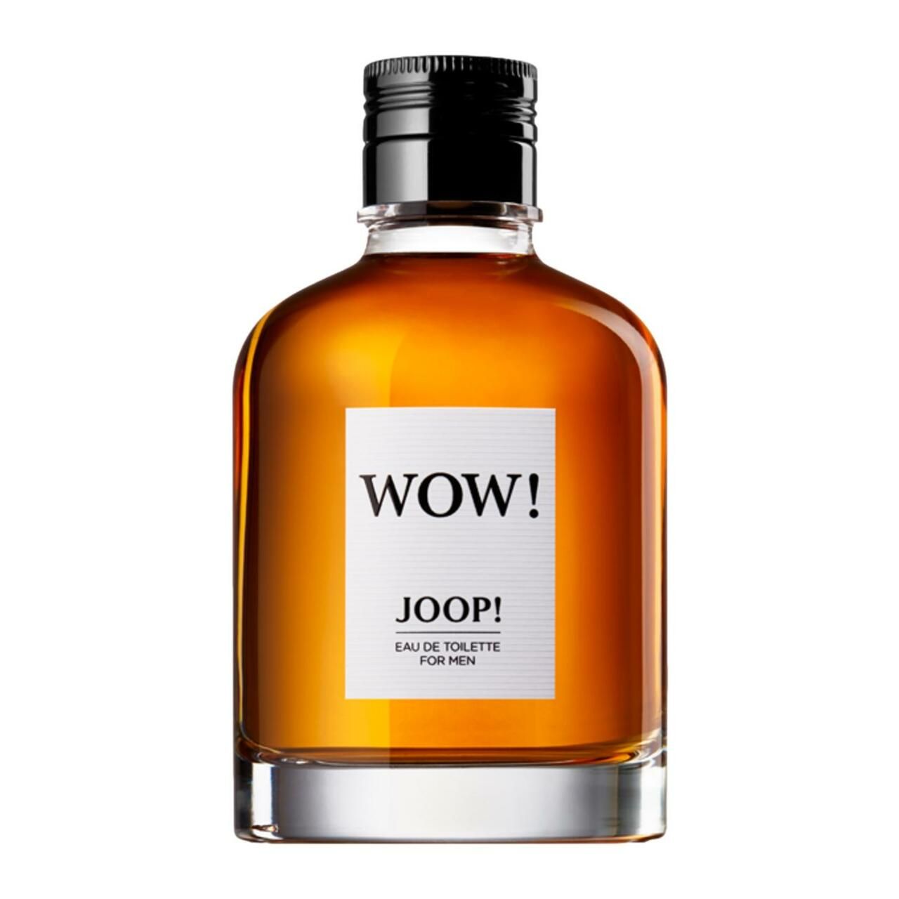Flacon de Joop Wow Eau de Toilette pour homme. Bouteille en verre avec bouchon noir. Étiquette blanche avec WOW! et JOOP!