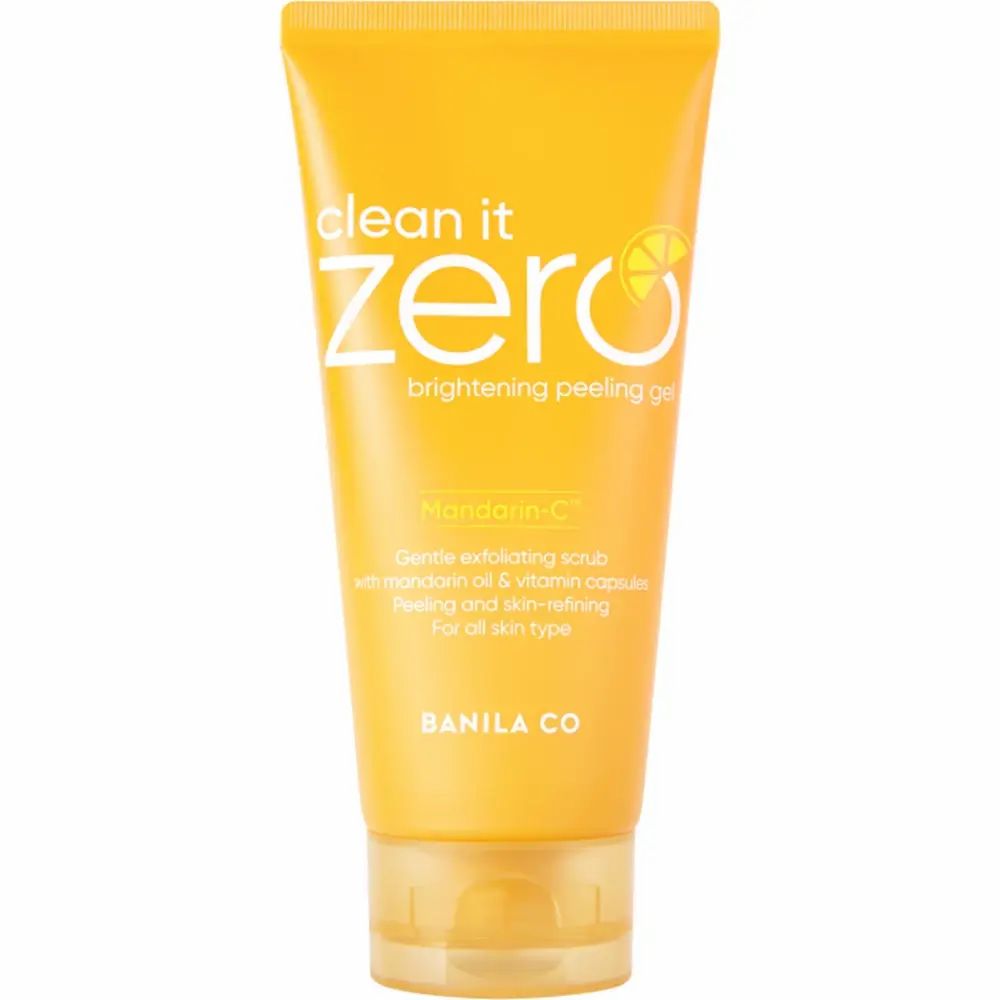Tube de gel avec texte "Clean It Zero". Jaune, avec informations produit. Logo BANILA CO.