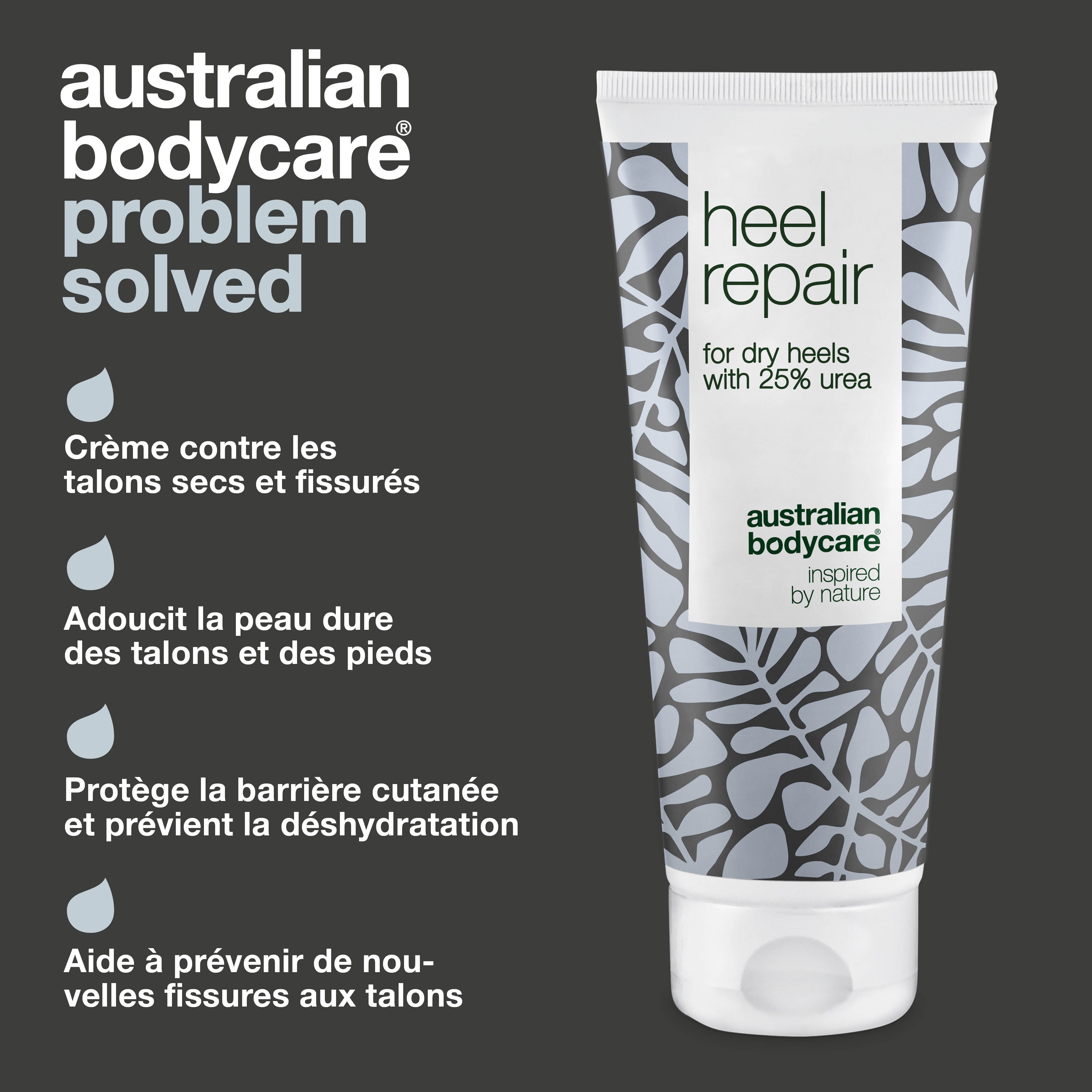 Tube Heel Repair, Australian Bodycare. Texte : Crème contre les talons secs et fendillés.
