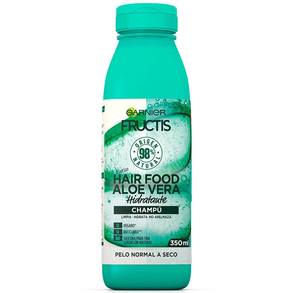 Garnier Fructis Hair Food Aloe Vera shampoo fles. Groen, groene dop. Opschrift: 98% natuurlijke oorsprong, Aloe Vera, Champu, 350ml.
