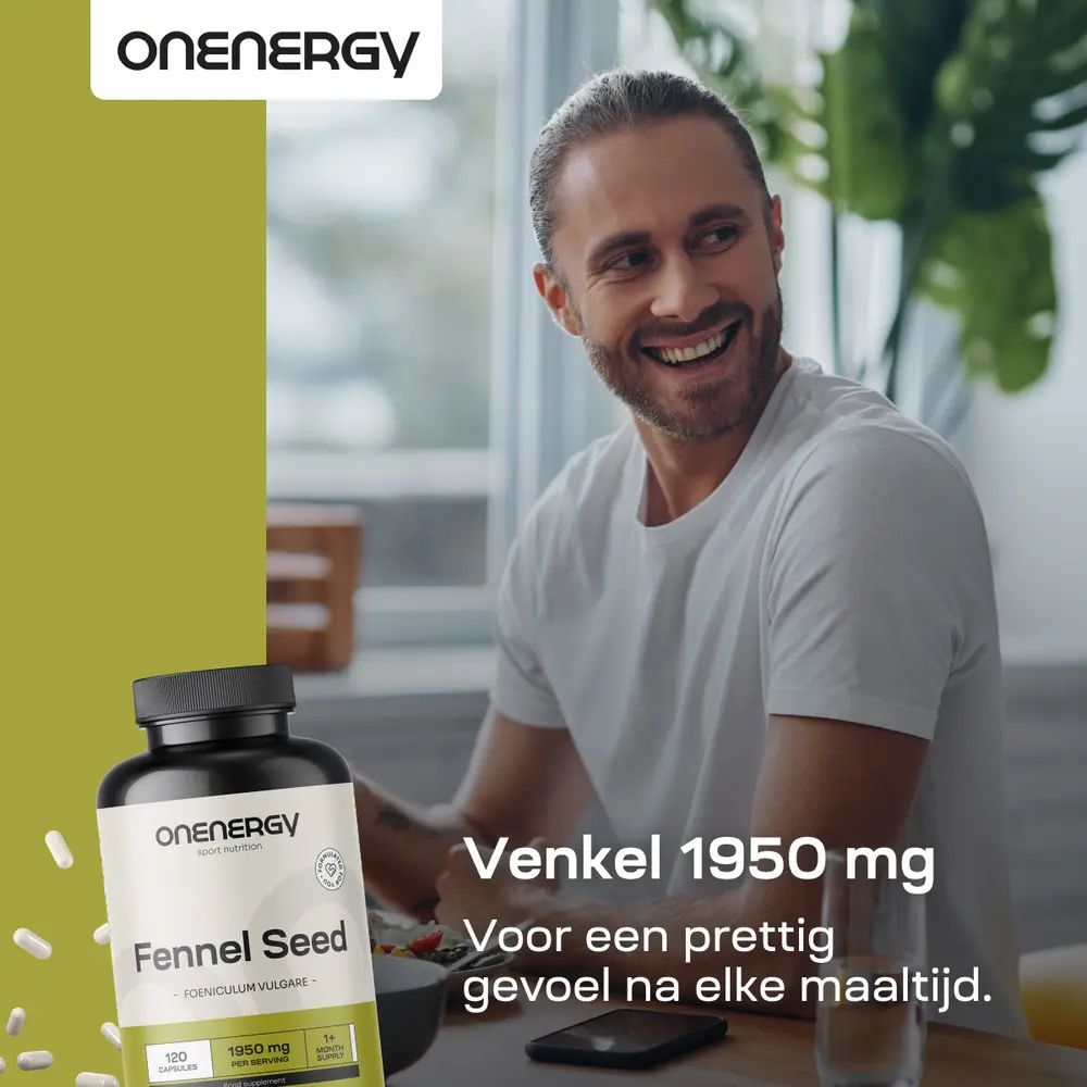 Man zit aan tafel met ONENERGY venkelzaadpotje. 1950 mg voor een prettig gevoel na elke maaltijd.
