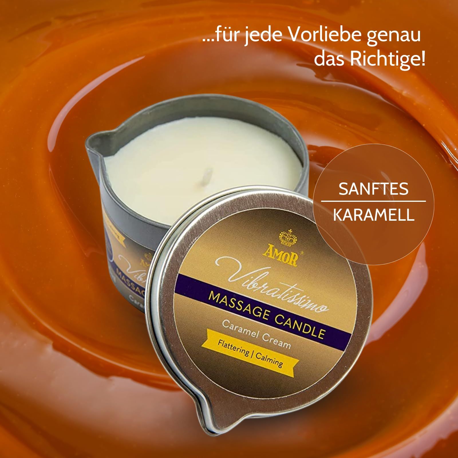 Massagekaars 'Caramel Cream' in blik, omringd door karamel.