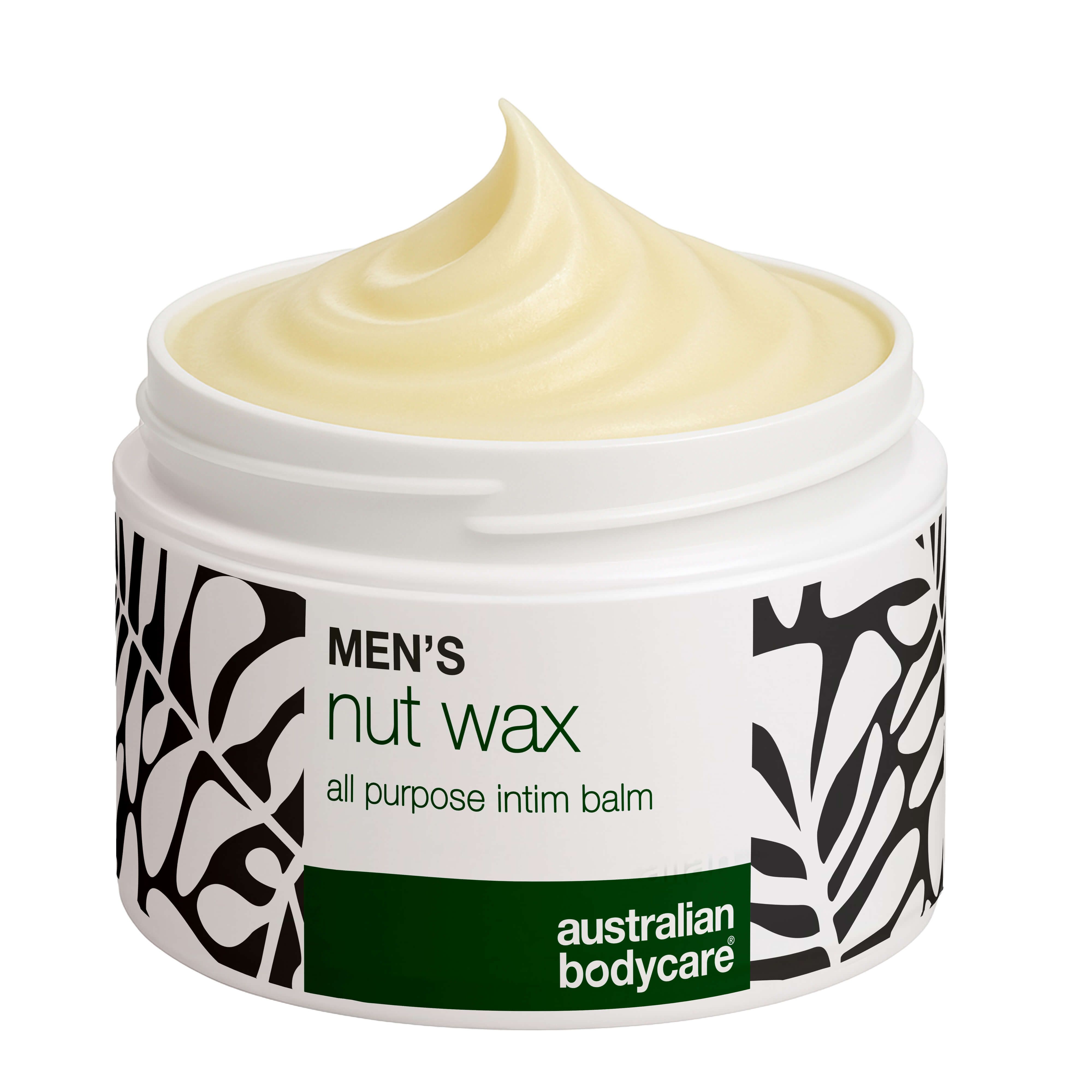 Pot de crème. Inscription: Men's nut wax, all purpose intim balm. Marque: Australian Bodycare.