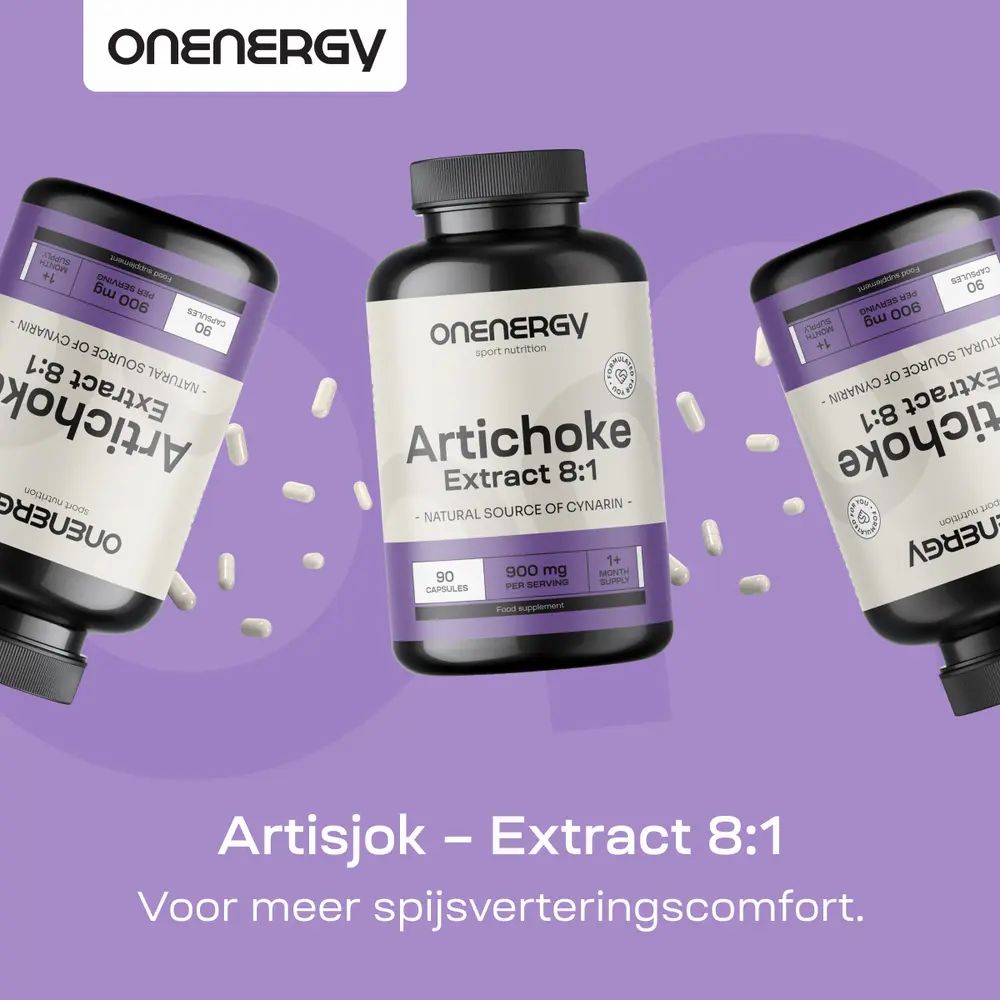 Drie flessen OnEnergy Artisjok Extract 8:1 op paarse achtergrond. 90 capsules.