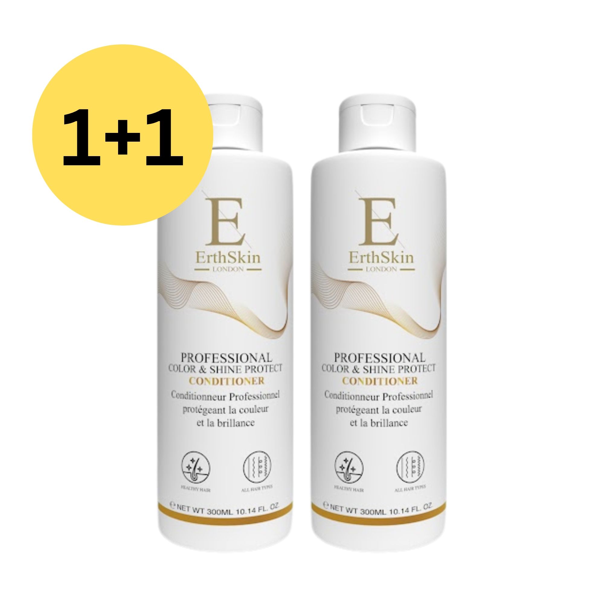 Twee conditionerflessen. Opschrift: ErthSkin London. Tekst: Professional Color & Shine Protect Conditioner. Gele cirkel met 1+1.