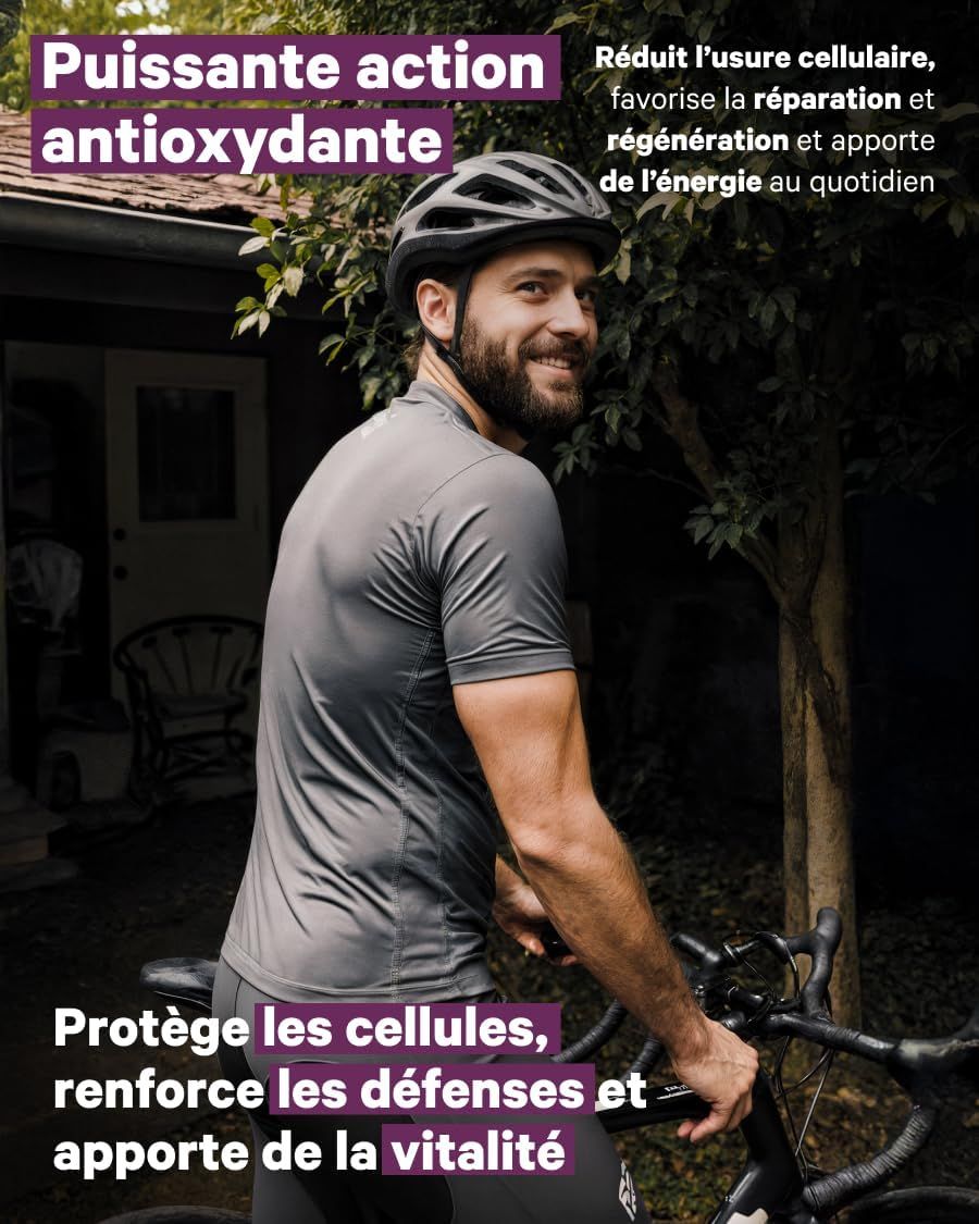 Homme avec casque à vélo, texte sur la protection cellulaire et l'énergie.