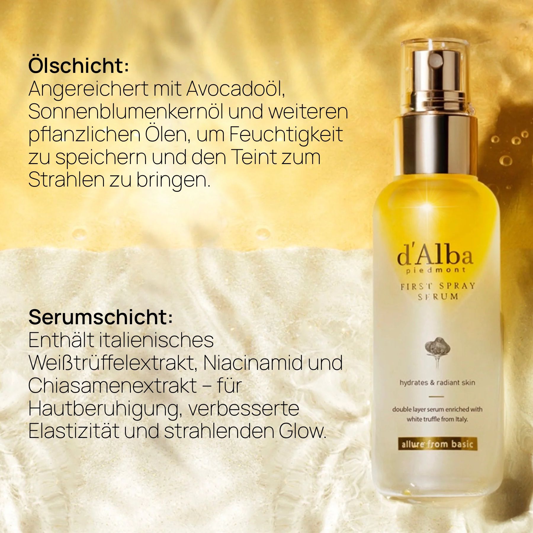 Sérum en spray d'Alba First dans une bouteille en verre avec pompe. Contient une couche d'huile et de sérum.