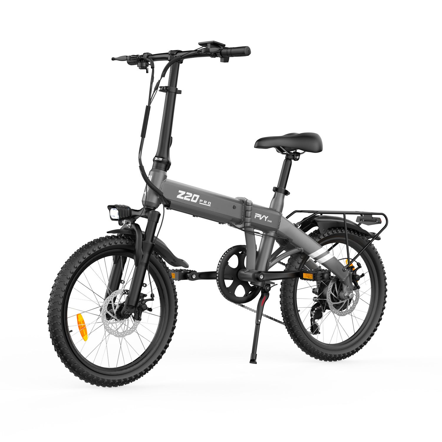 Grijze opvouwbare e-bike met zwart zadel, stuur en banden. Achterdrager. PVY-logo.