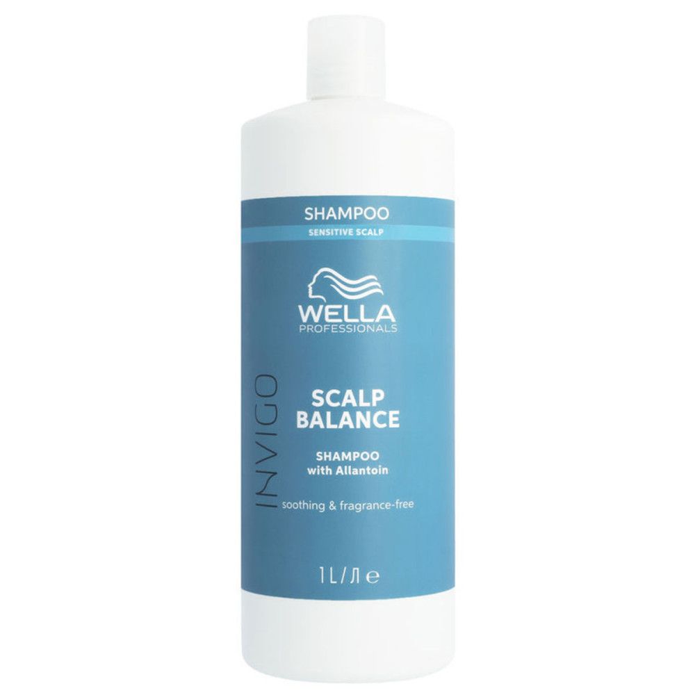 Witte fles met blauw etiket. Opschrift: INVIGO, SCALP BALANCE, Shampoo with Allantoin. 1L.