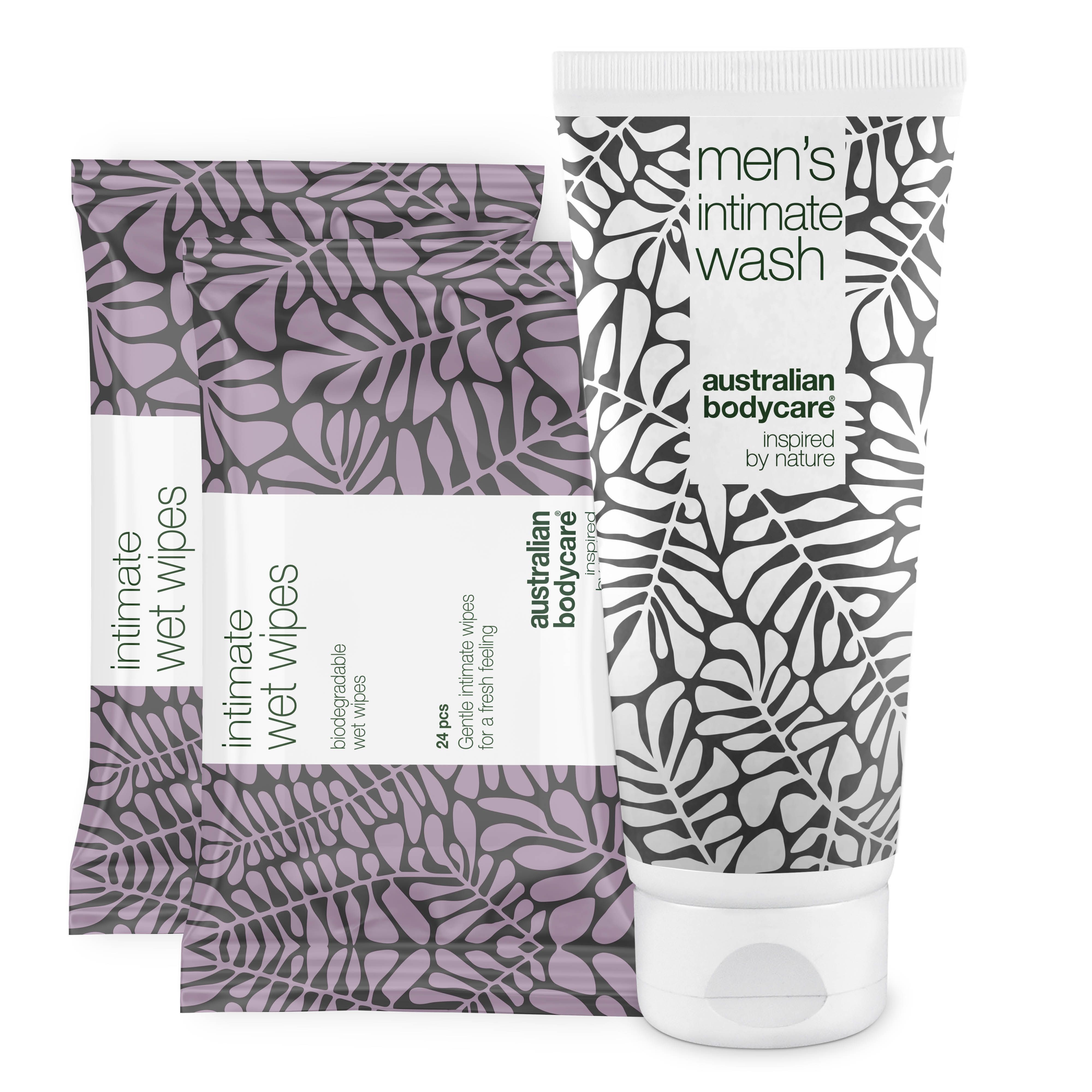 Gel lavant intime et lingettes humides. Emballage à motifs de feuilles. Marque : Australian Bodycare.