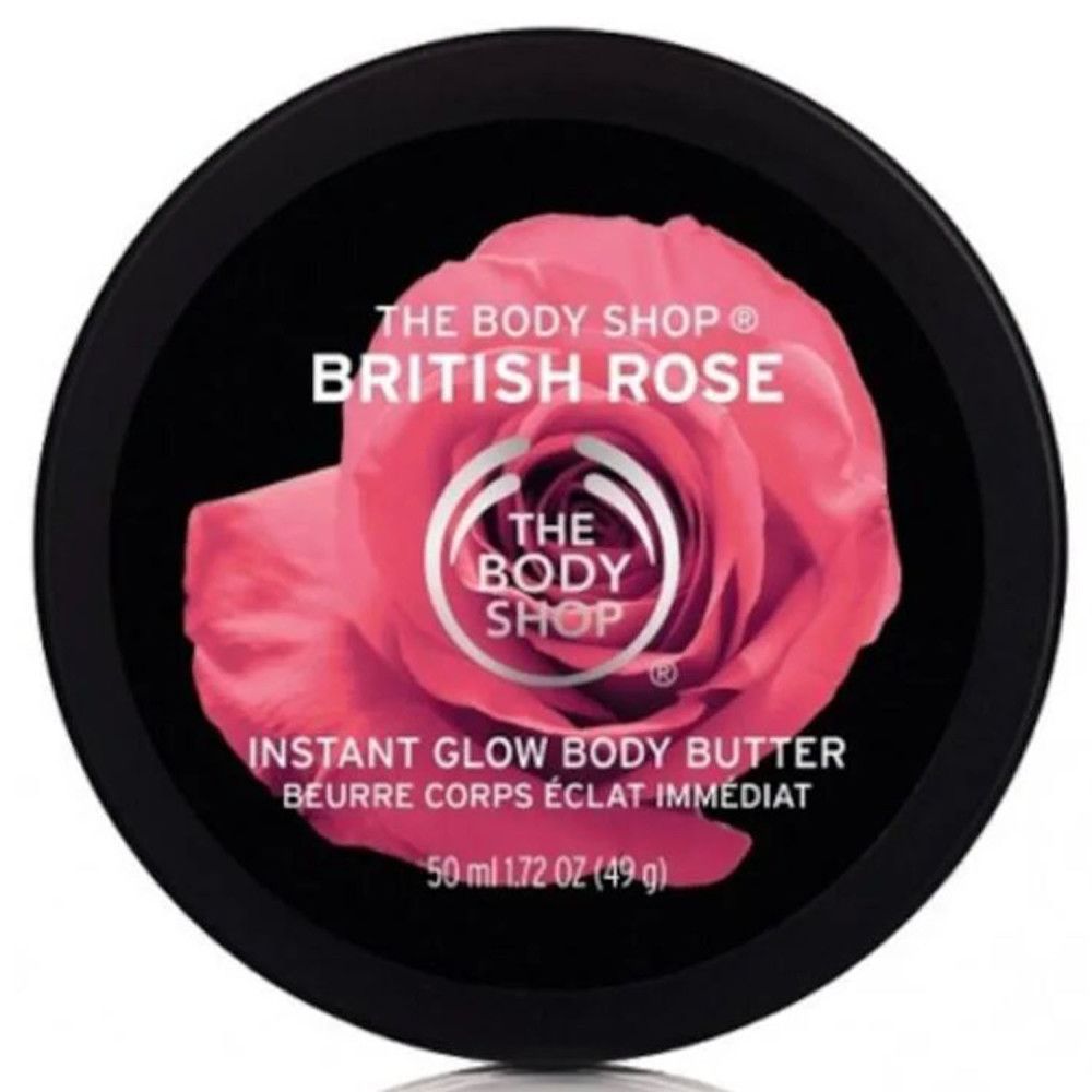 Pot rond avec couvercle. Rose et texte British Rose. Logo The Body Shop.