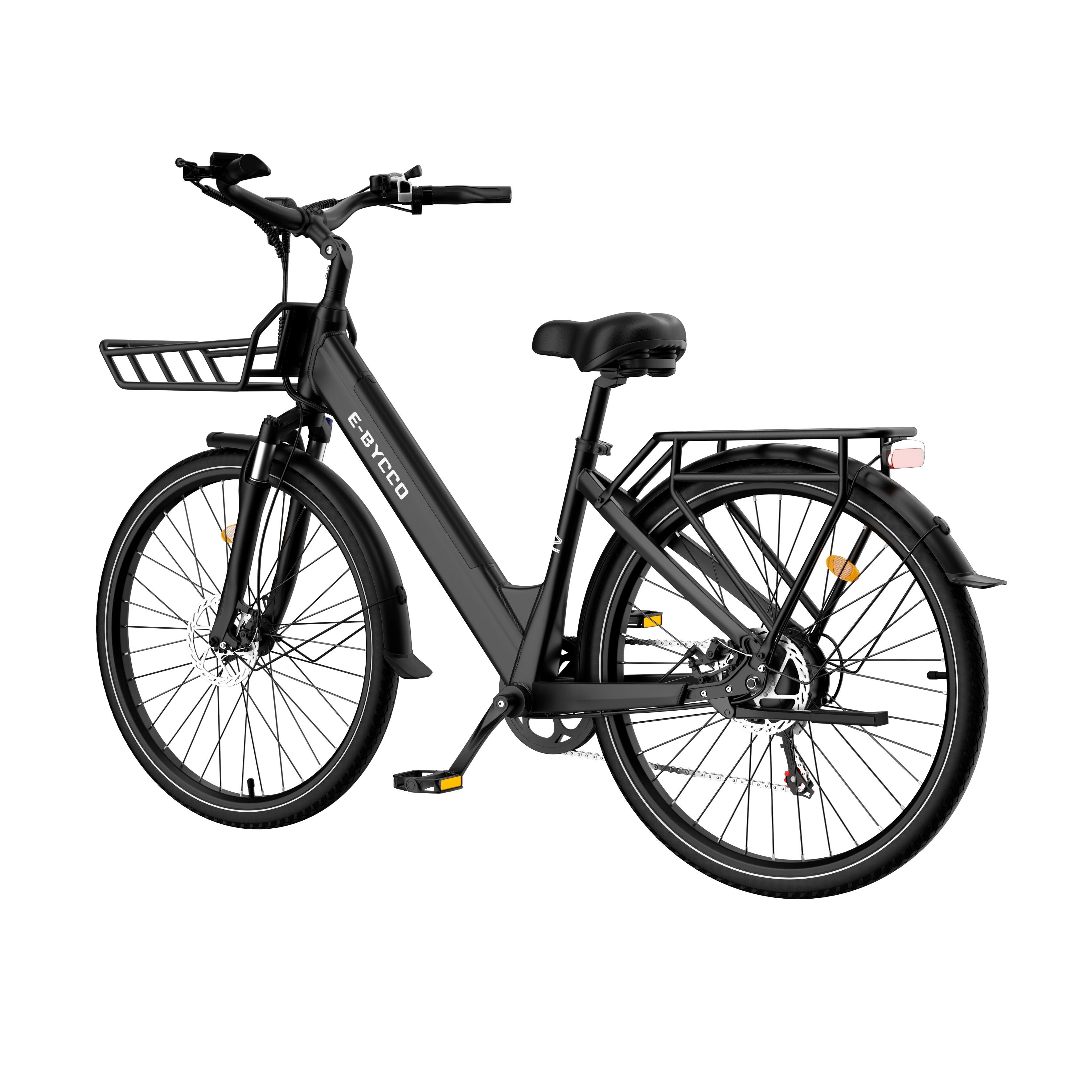 Zwarte e-bike met mand en bagagedrager. Merk E-BYCCO.