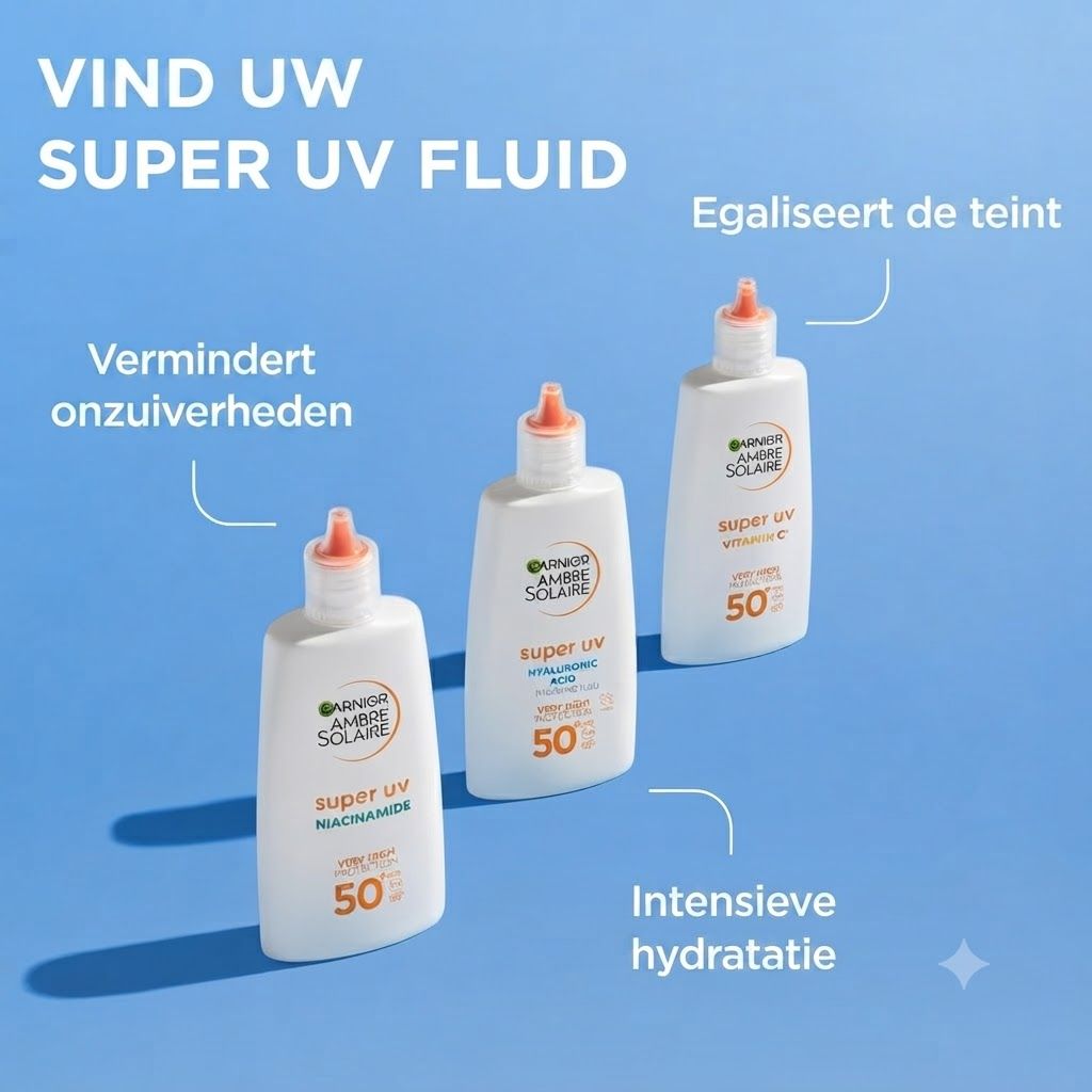 Drie Garnier Ambre Solaire Super UV Fluid flacons met SPF 50.