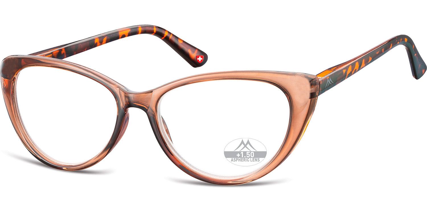 Lunettes marron avec monture et branches à motif écaille. Logo visible sur le verre.