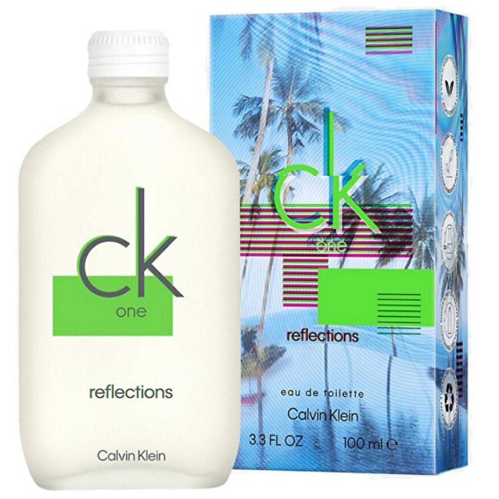 Flacon et emballage CK One Reflections. Flacon blanc, logo vert. Emballage bleu avec palmiers. Texte: Calvin Klein.