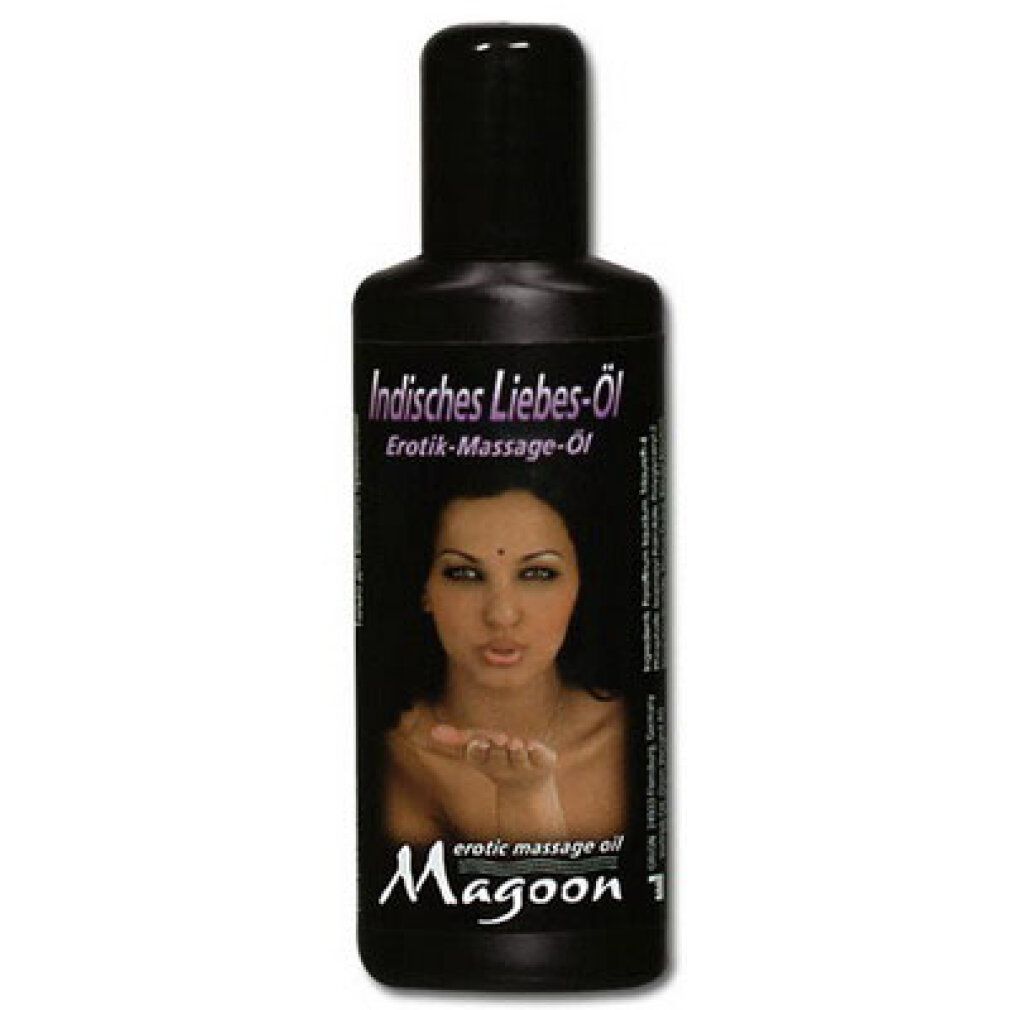 Zwarte fles met opschrift: Indische liefdesolie, erotische massageolie. Afbeelding van een vrouw die een kus blaast.