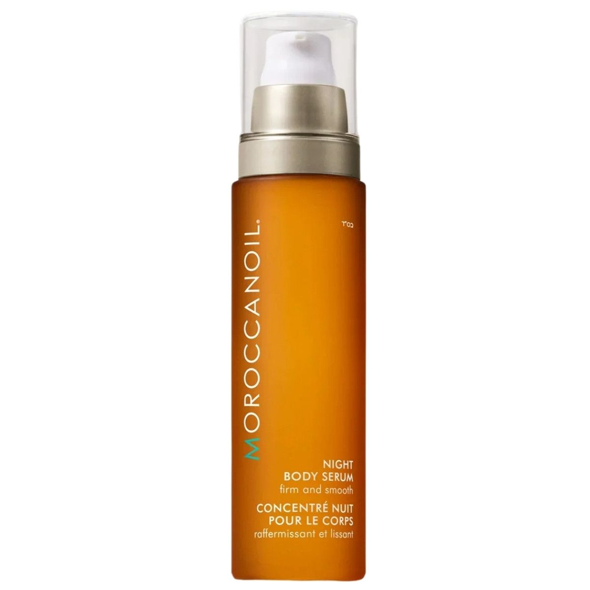 Sérum corporel Moroccanoil dans un flacon pompe orange avec un collier argenté et un capuchon transparent.