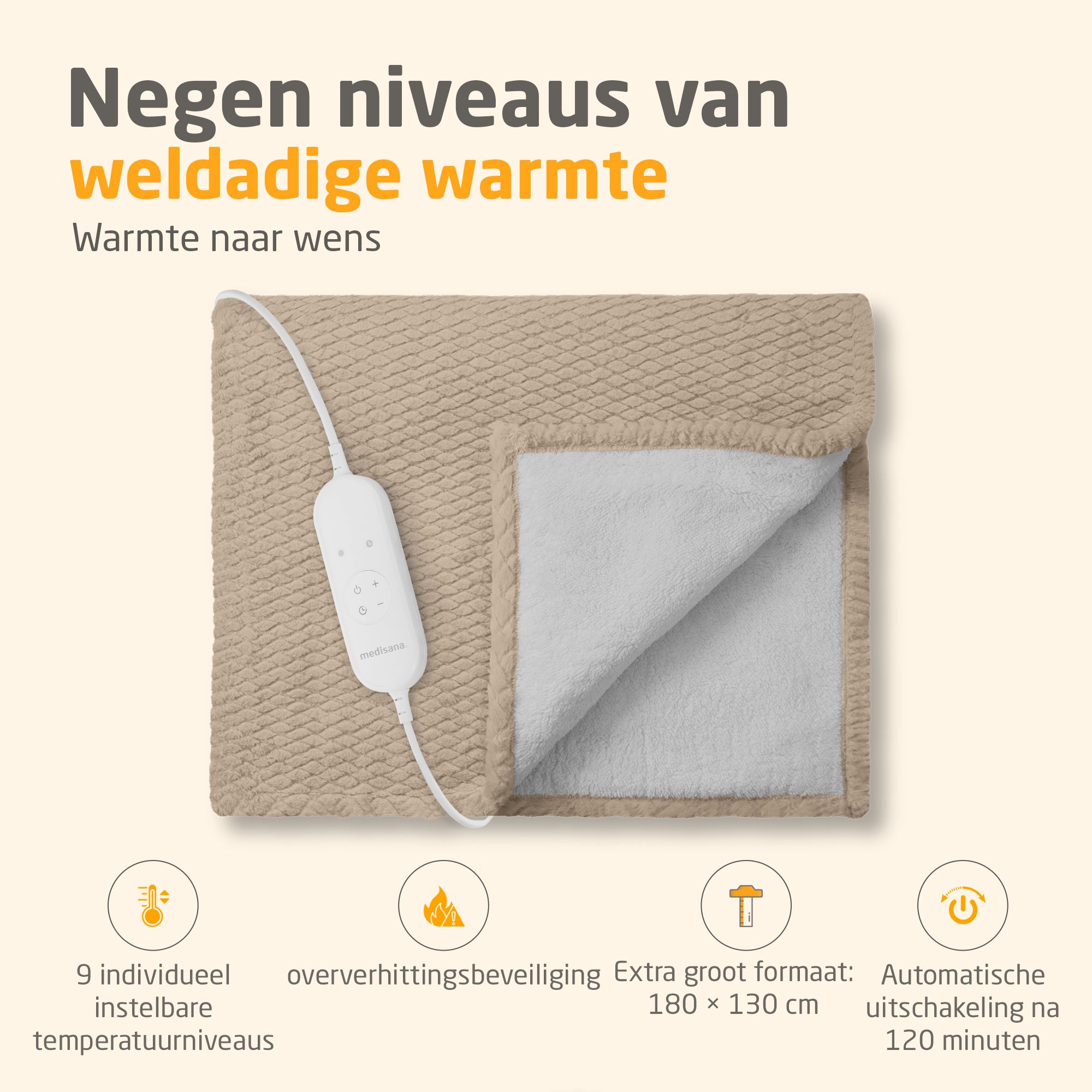 Beige warmtedeken met witte binnenkant. 9 temperatuurstanden, oververhittingsbeveiliging, formaat 180x130 cm, automatische uitschakeling.