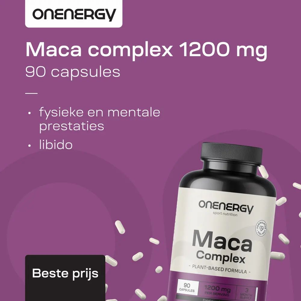 Maca complex 1200 mg, 90 capsules. Tekst: Fysieke en mentale prestaties, libido. OnEnergy logo.