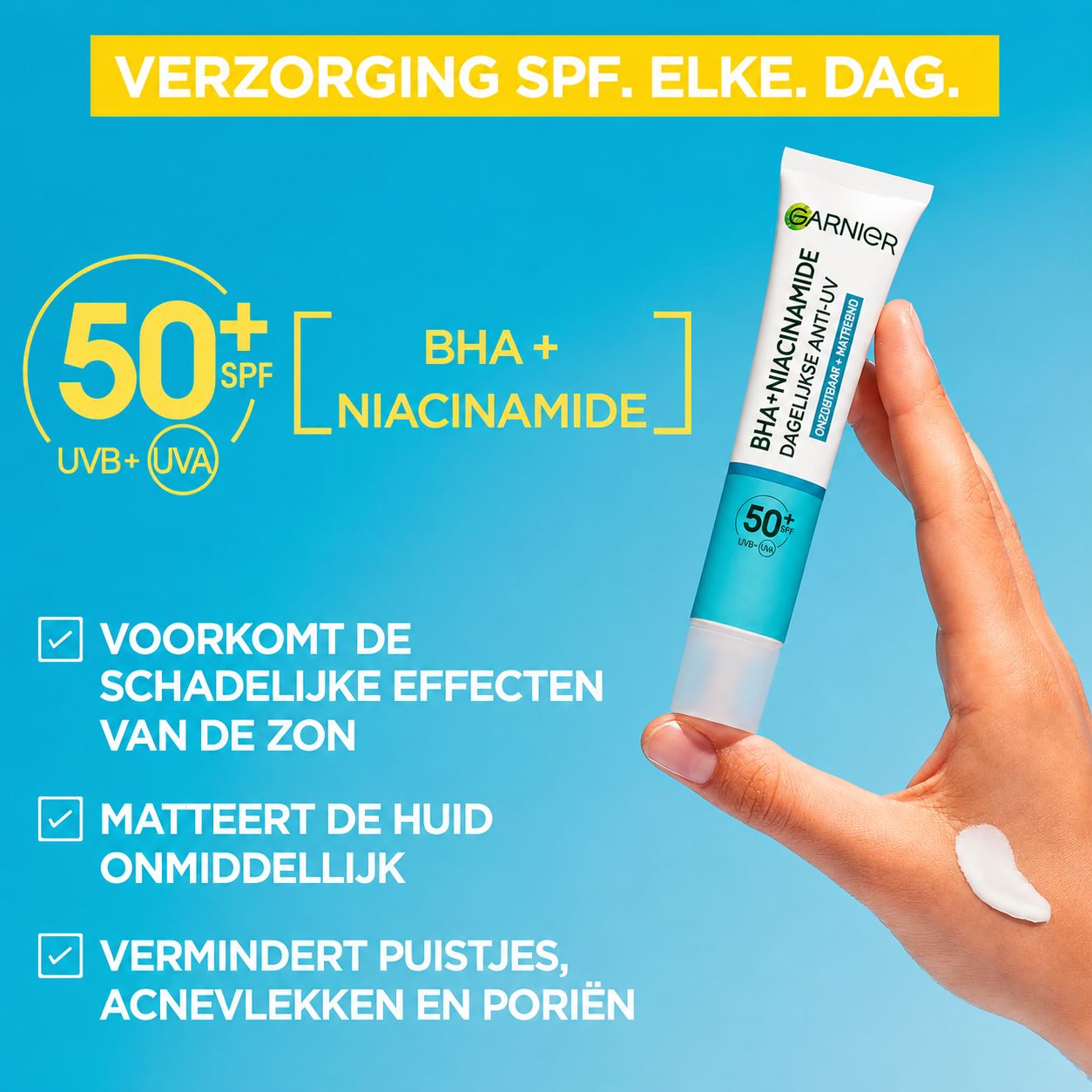 Garnier huidverzorging met SPF 50+, BHA en Niacinamide. Beschermt tegen de zon, matteert en vermindert onzuiverheden.